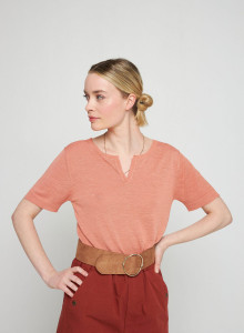 T-shirt col tunisien en lin flammé - Bohême 7682 blush - 24 Rose clair