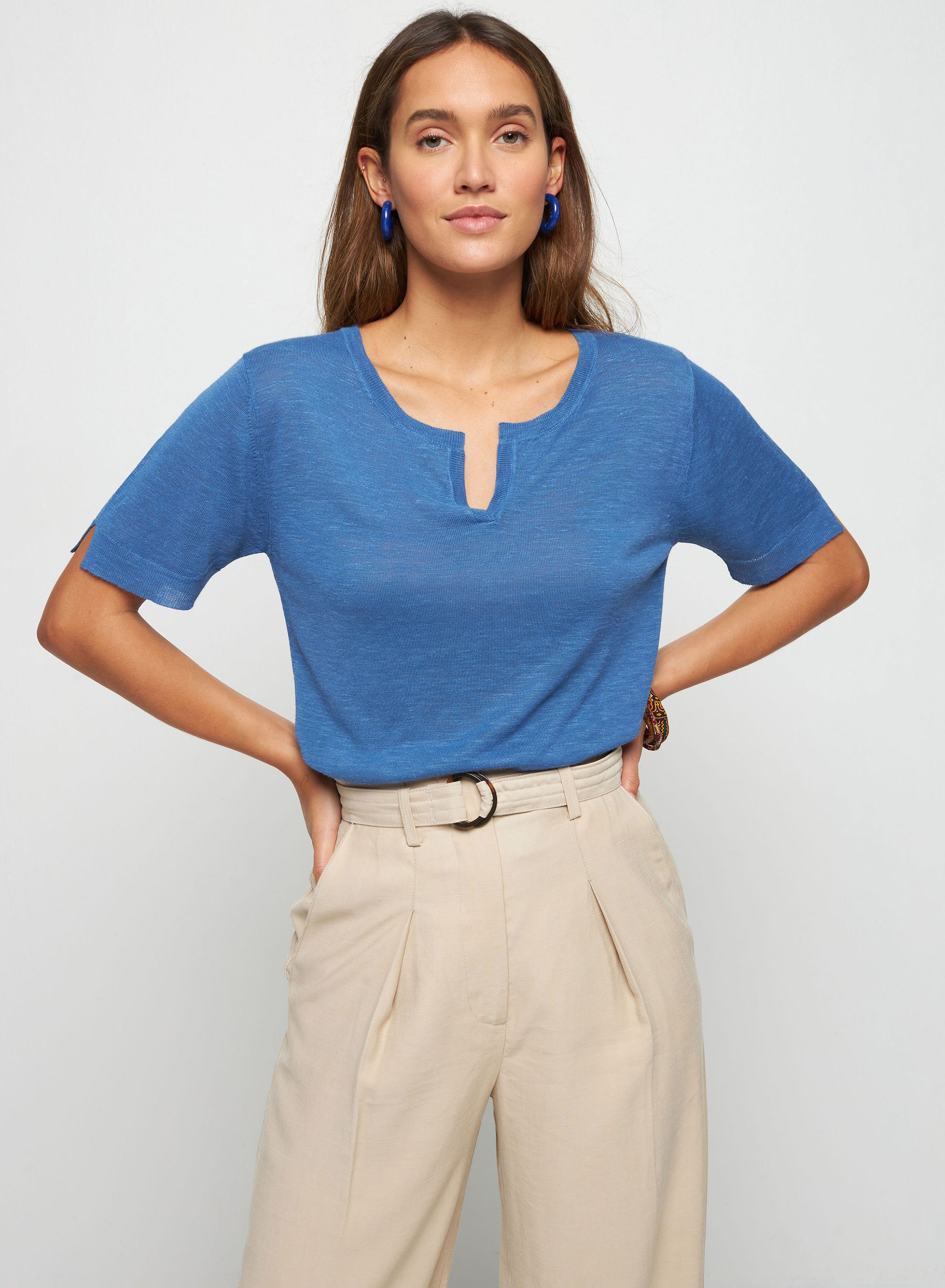 T-shirt col tunisien en lin flammé - Bohême 7643 orage - 06 Bleu moyen