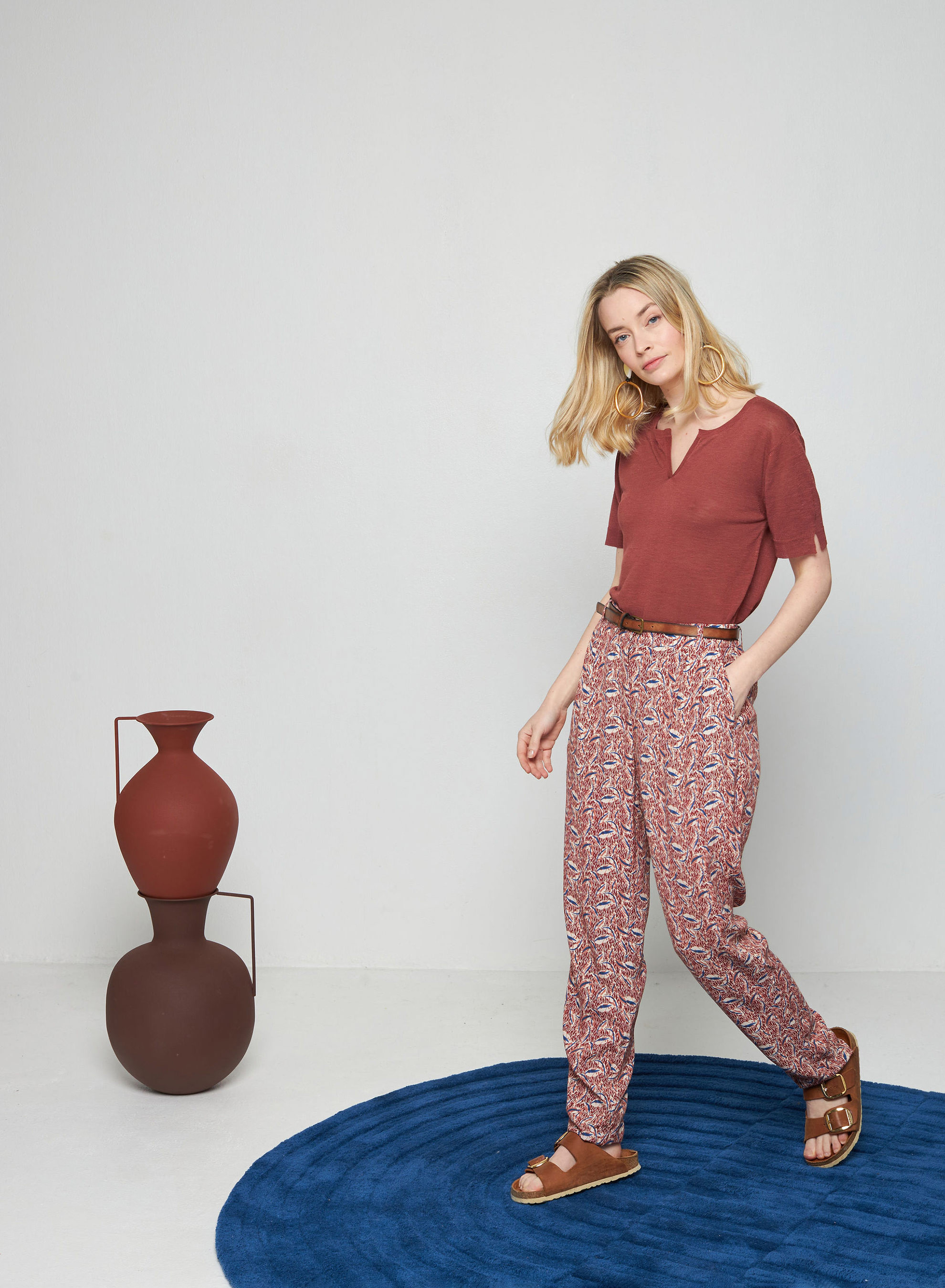 T-shirt col tunisien en lin flammé - Bohême 7630 argile - 51 Bordeaux