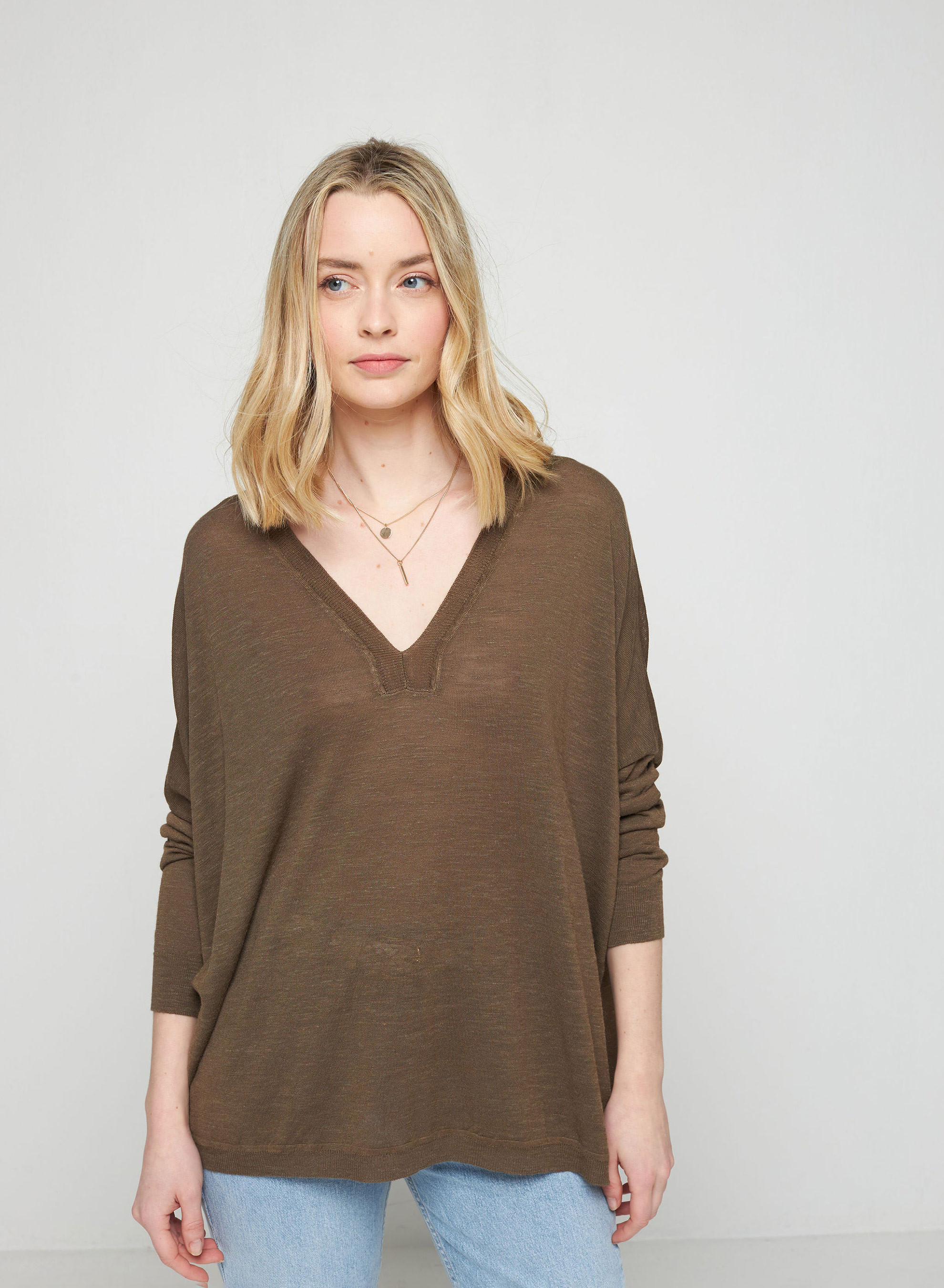 T-shirt oversize col v en lin flammé - Beja 7650 kaki - 83 Kaki