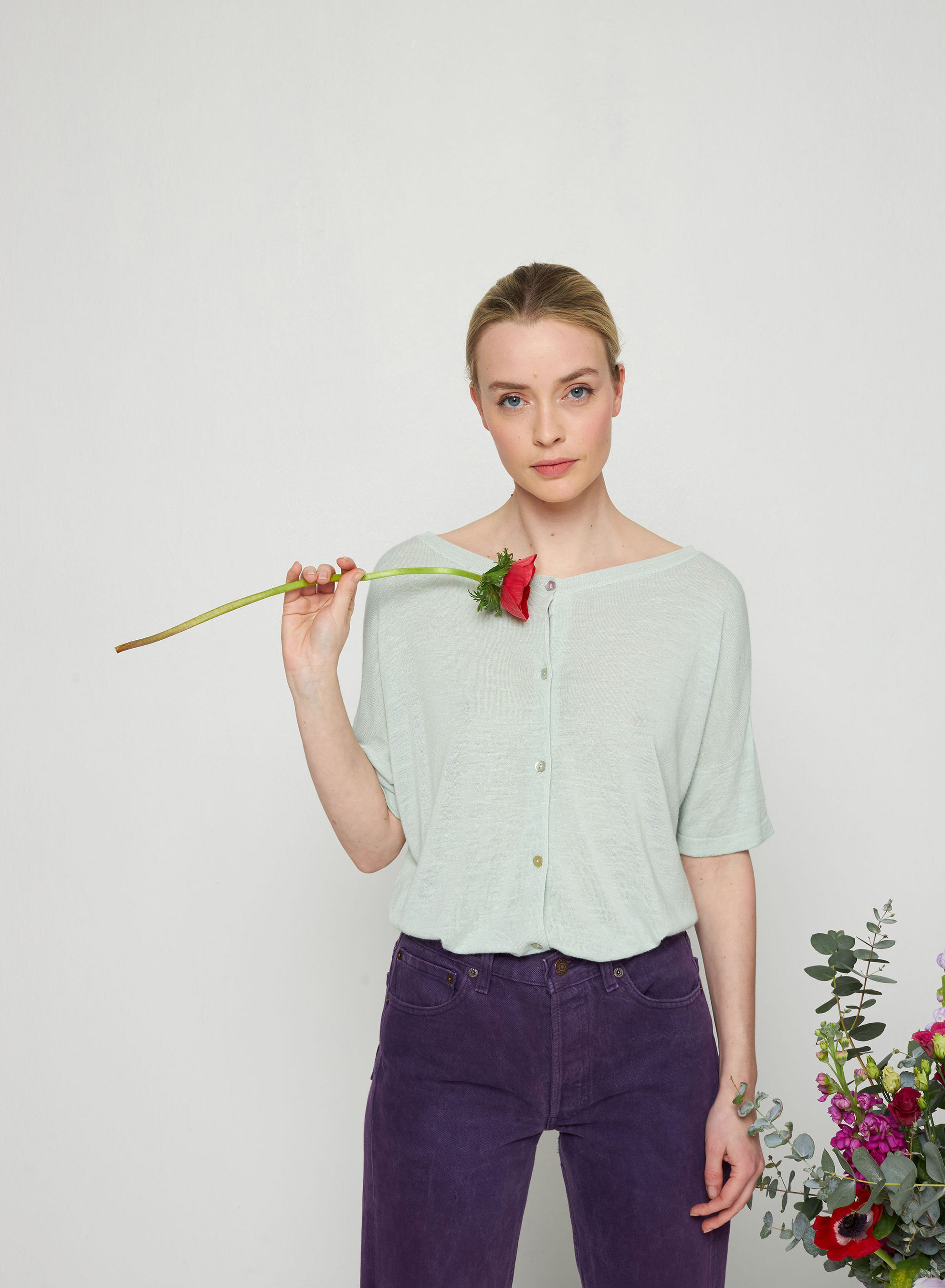 T-shirt boutonné dans le dos en lin flammé - Tally 7651 sauge - 23 Vert clair