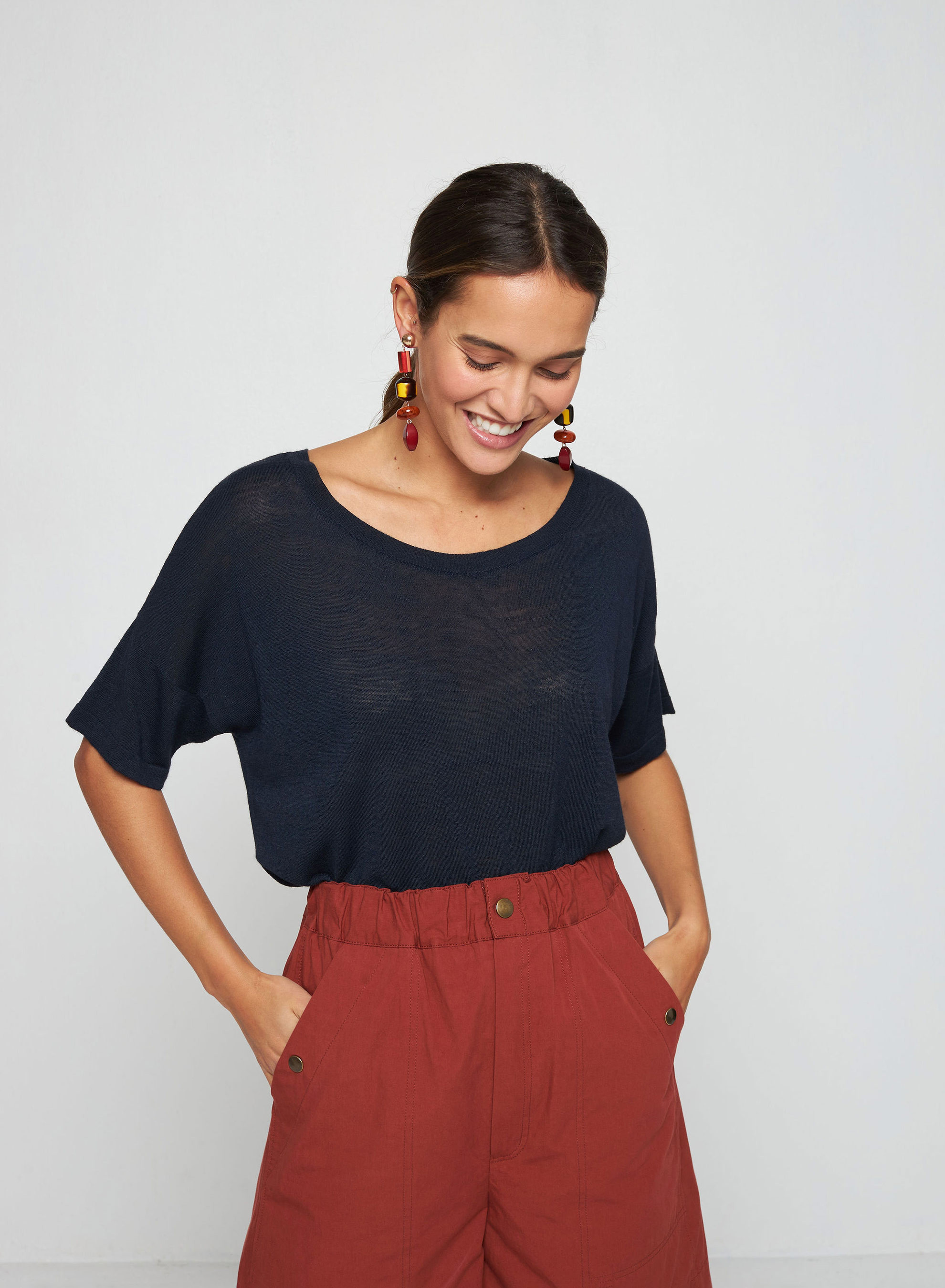 T-shirt boutonné dans le dos en lin flammé - Tally 7640 marine - 05 Bleu marine