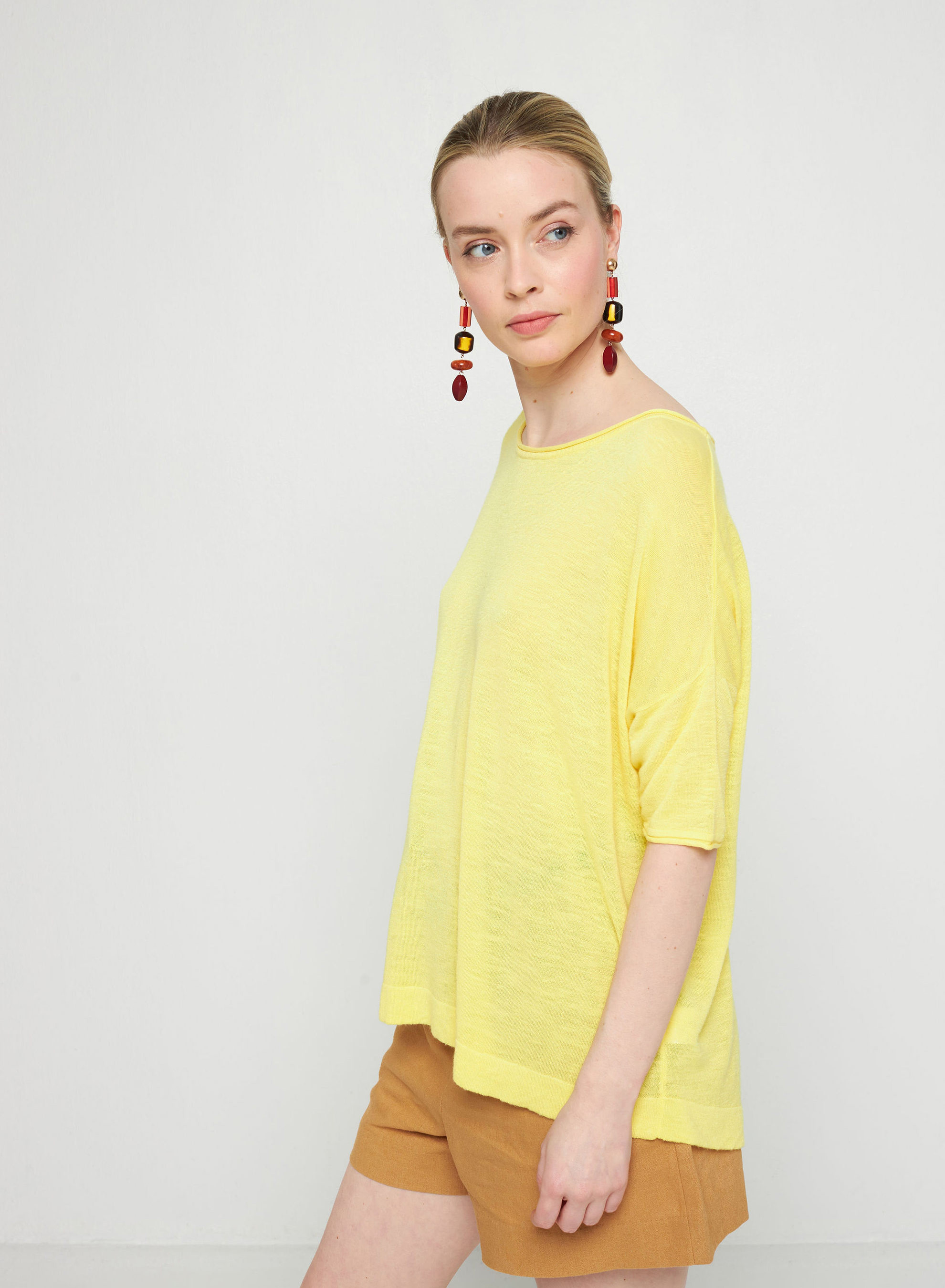 T-shirt ample manches coudes en lin flammé - Taslim 7660 citron - 08 Jaune