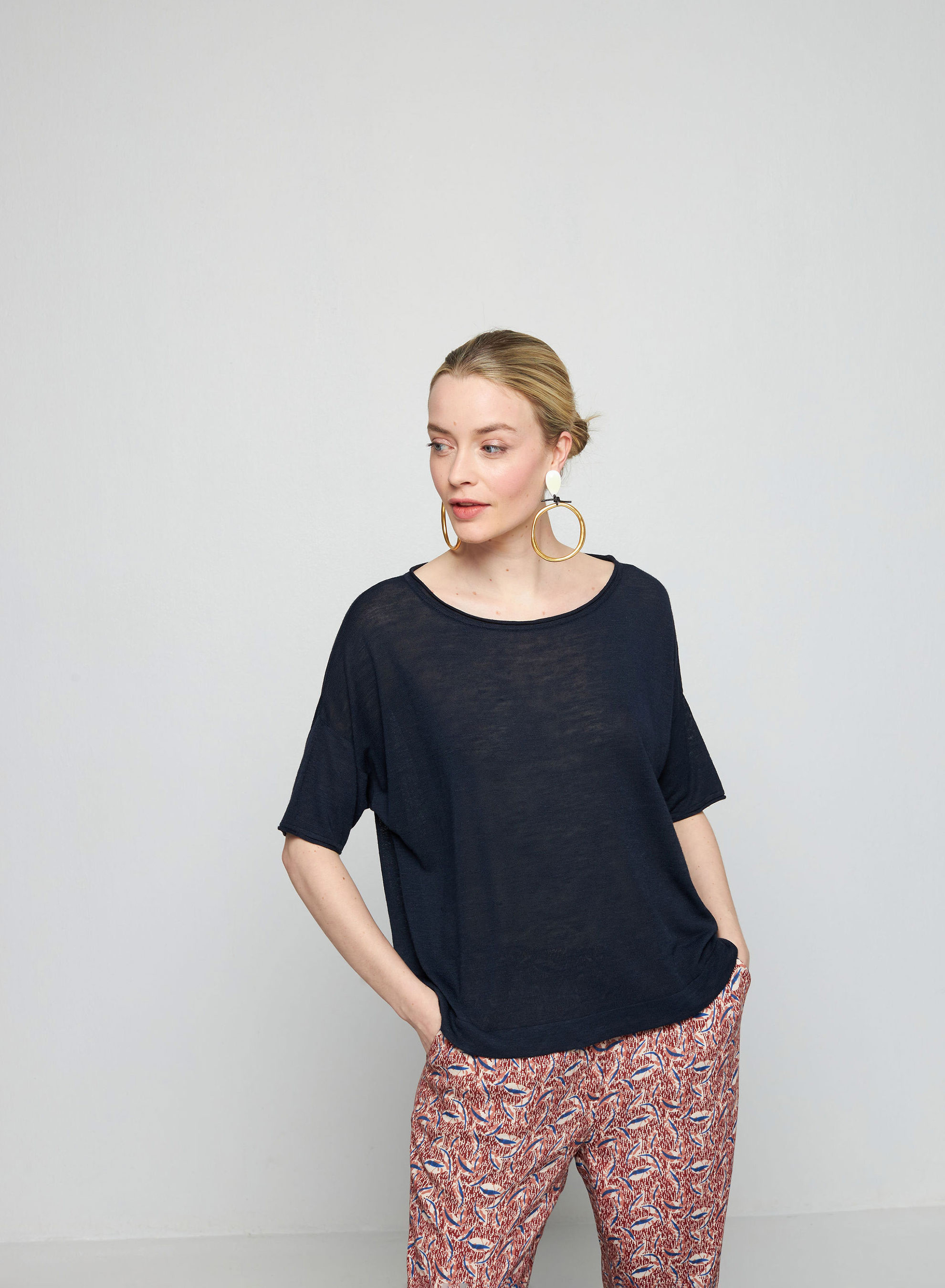 T-shirt ample manches coudes en lin flammé - Taslim 7640 marine - 05 Bleu marine