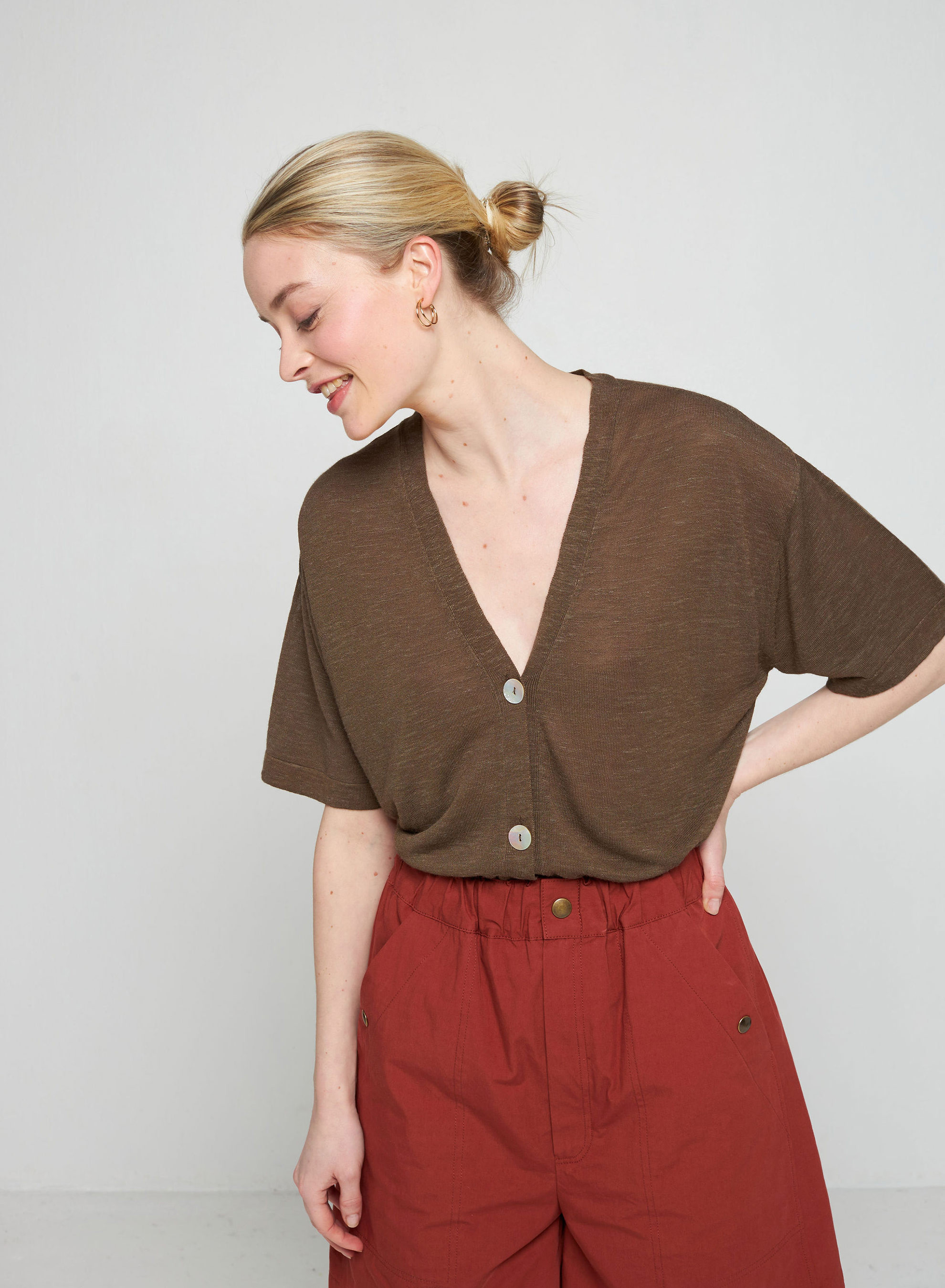 Gilet manches courtes en lin flammé - Tanya 7650 kaki - 83 Kaki