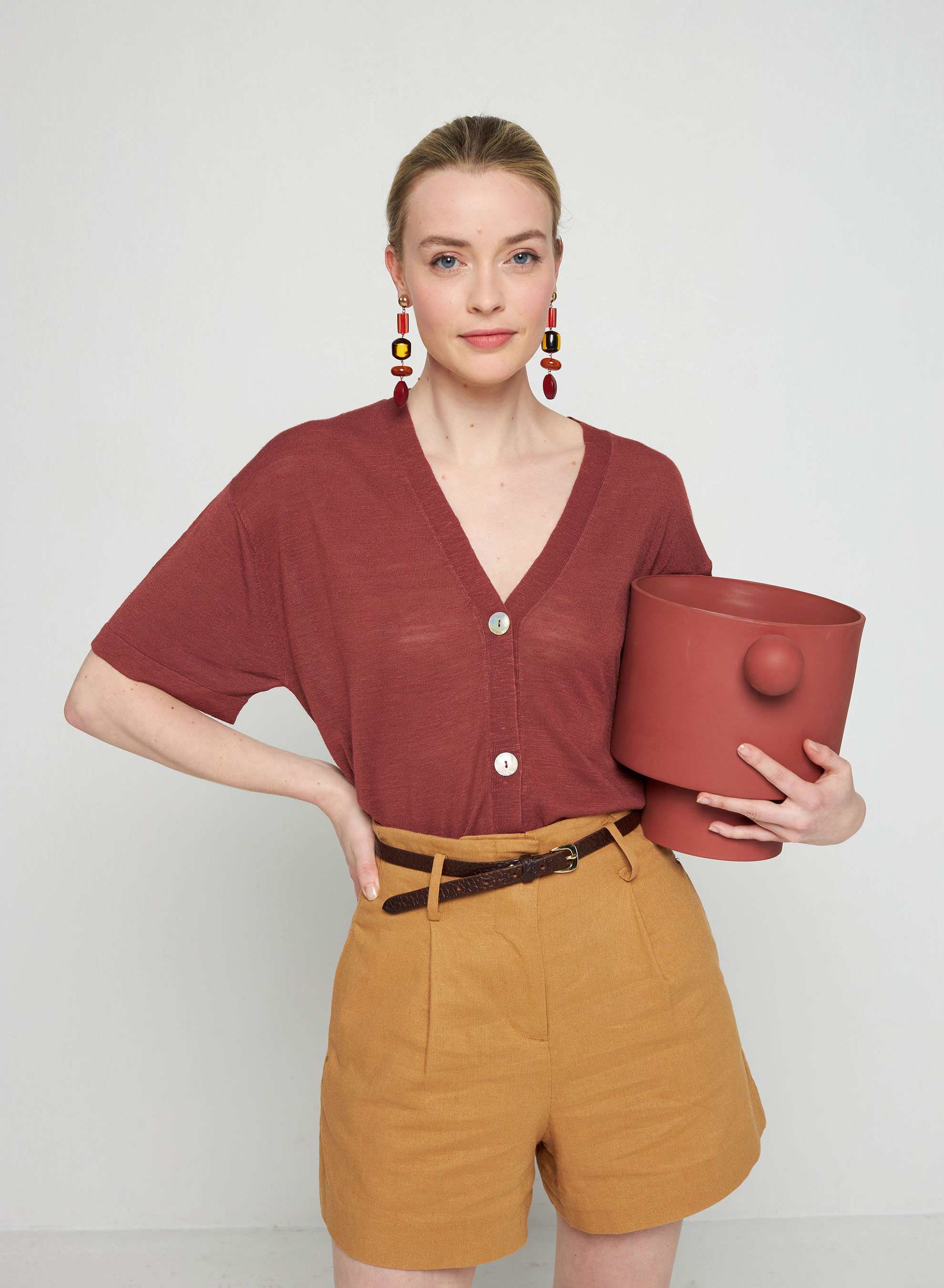 Gilet manches courtes en lin flammé - Tanya 7630 argile - 51 Bordeaux