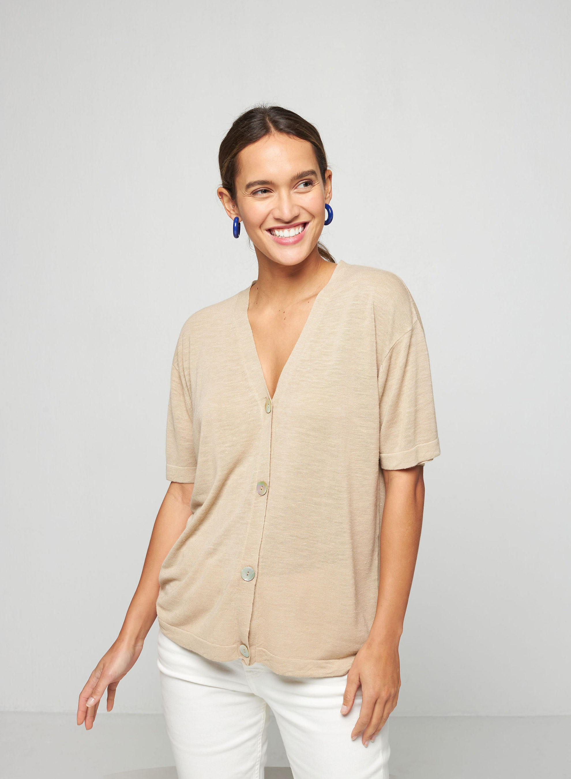 Gilet manches courtes en lin flammé - Tanya 7620 raphia - 12 Beige clair