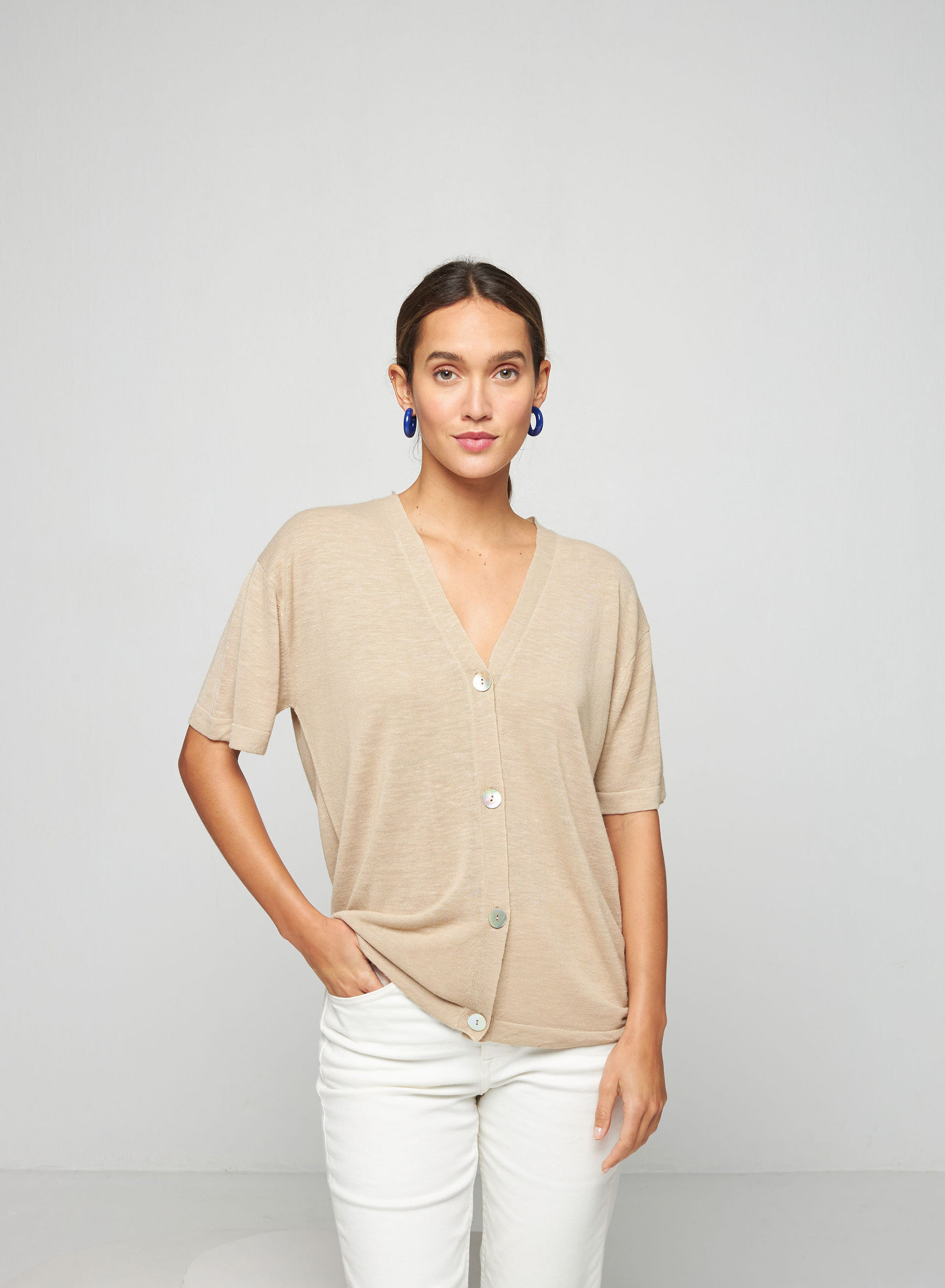 Gilet manches courtes en lin flammé - Tanya 7620 raphia - 12 Beige clair