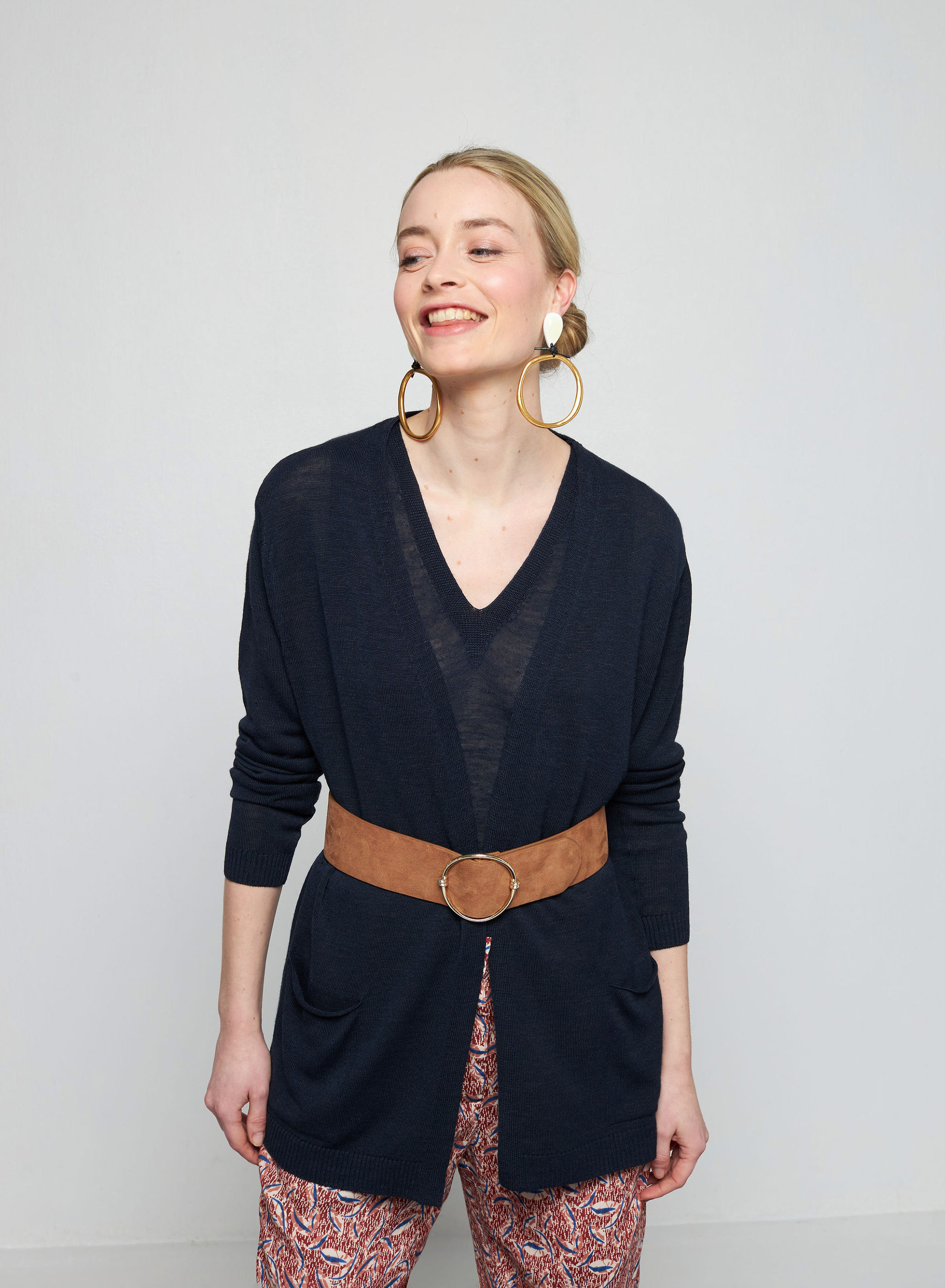 Gilet long avec poches en lin flammé - Tabata 7640 marine - 05 Bleu marine