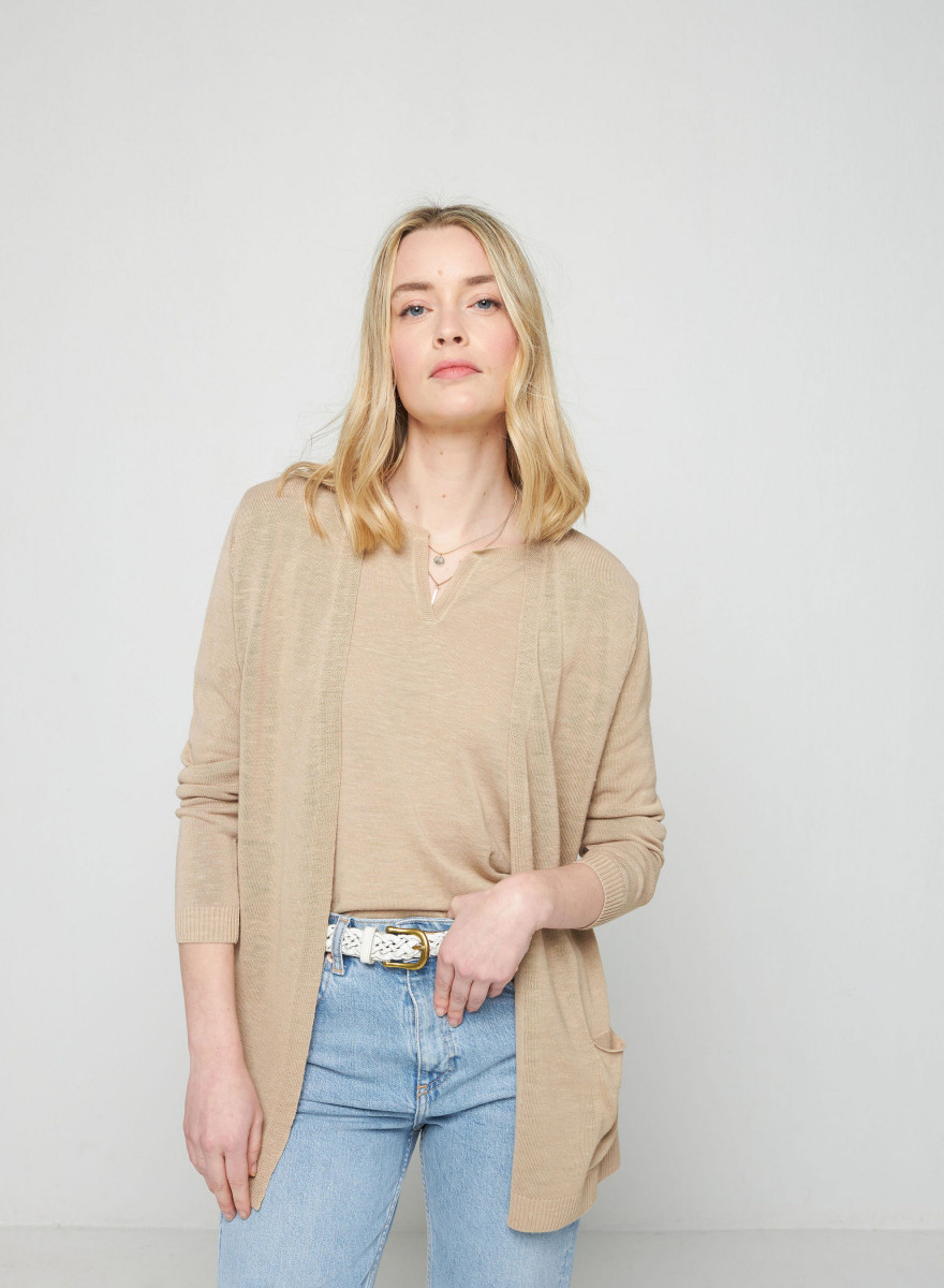 Colete longo com bolsos em linho slub - Tabata