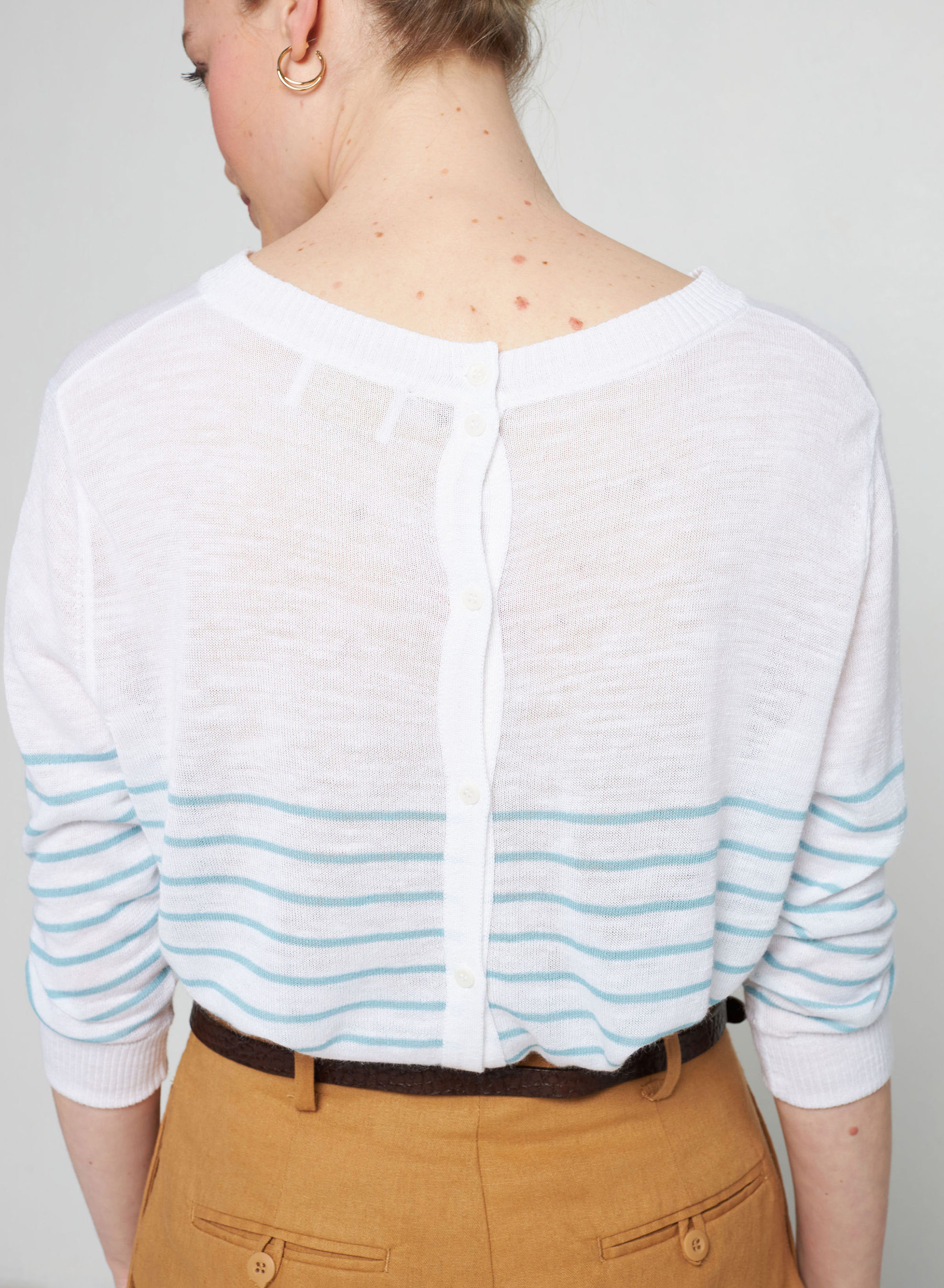 T-shirt manches longues rayé en lin flammé - Tanguy 7708 ecru/lagon - 02 Blanc