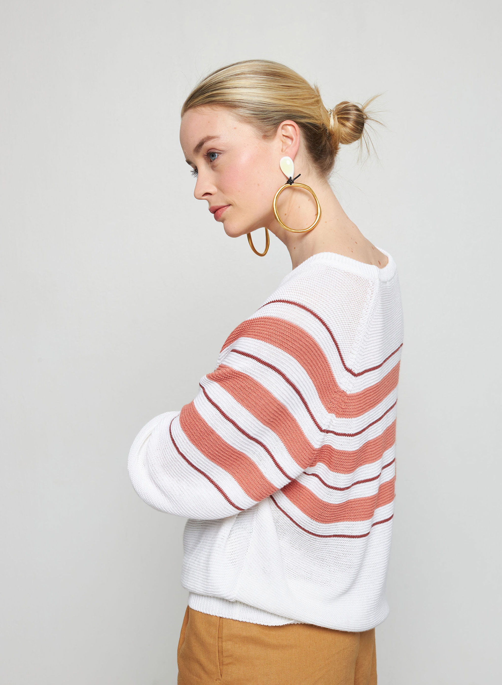 Striped slub linen loose sweater -Tael