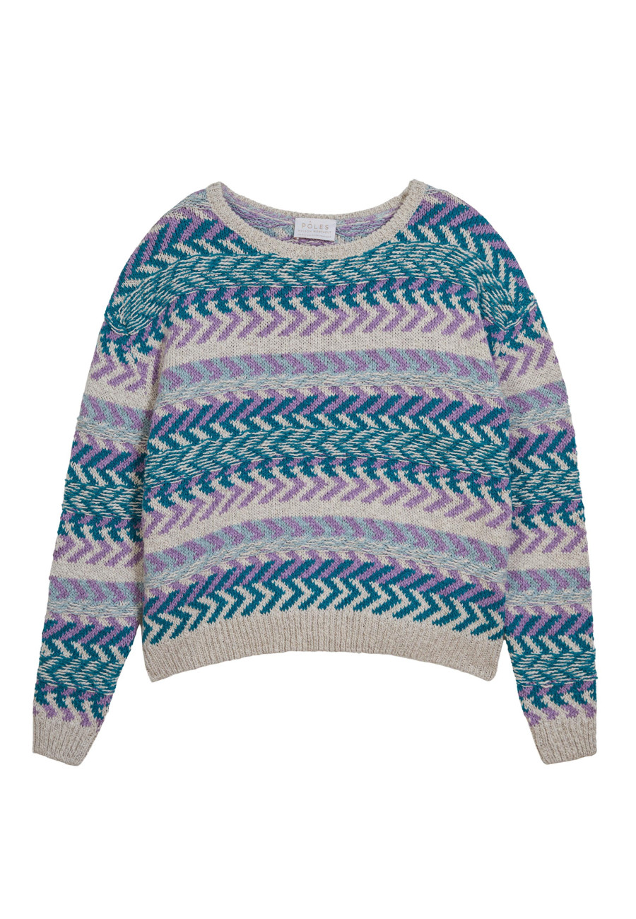 Pull multicolore coton et lin - Thadji 7735 ecru/turquoise/lavande/lagon - 04 Bleu clair