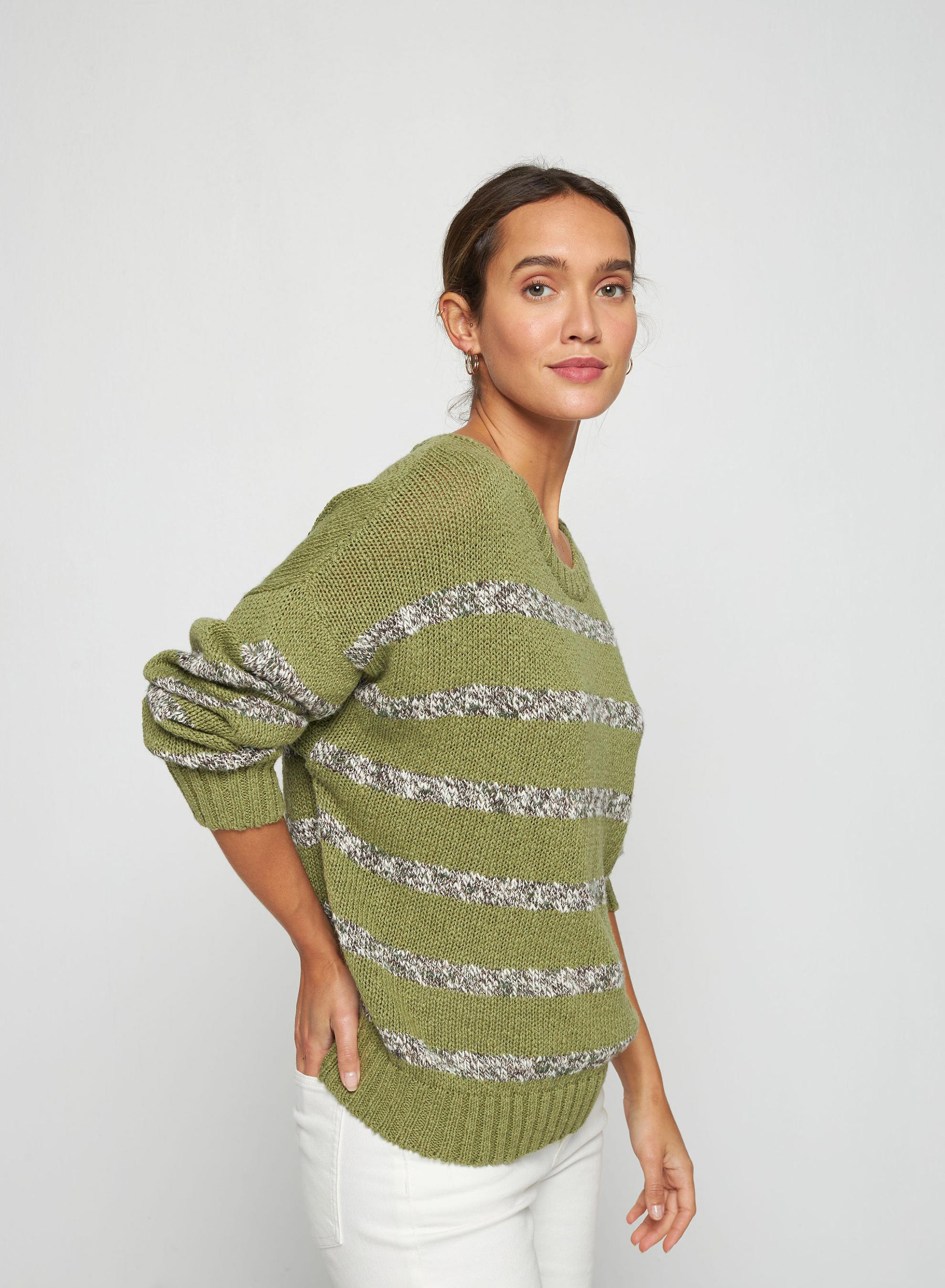 Pull rayé en coton et lin - Thildie 7718 olive - 22 Vert moyen