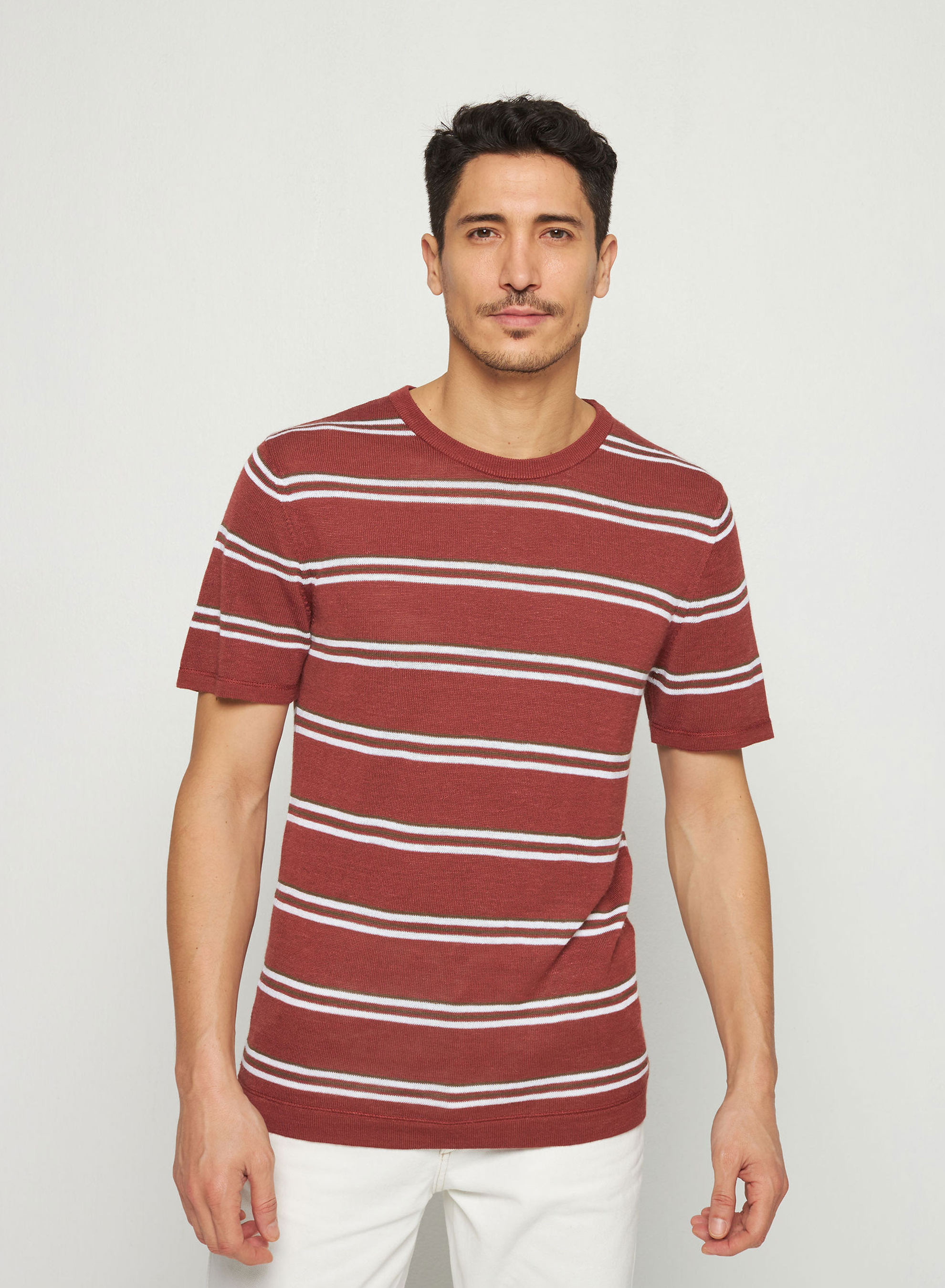 T-shirt à rayures en lin flammé - Remi 7727 argile - 51 Bordeaux