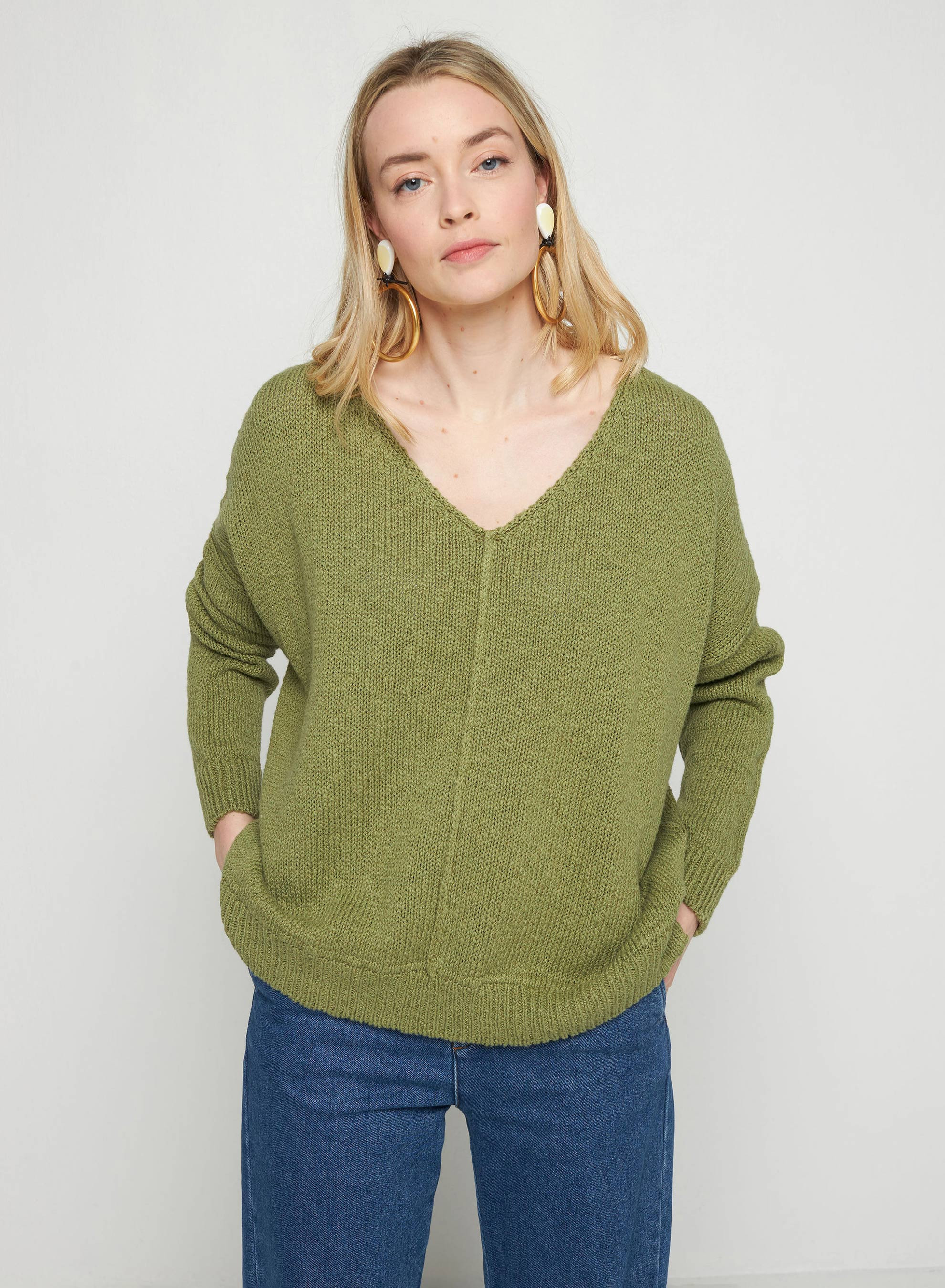 Pull ample coton et lin - Thalie  7652 olive - 22 Vert moyen