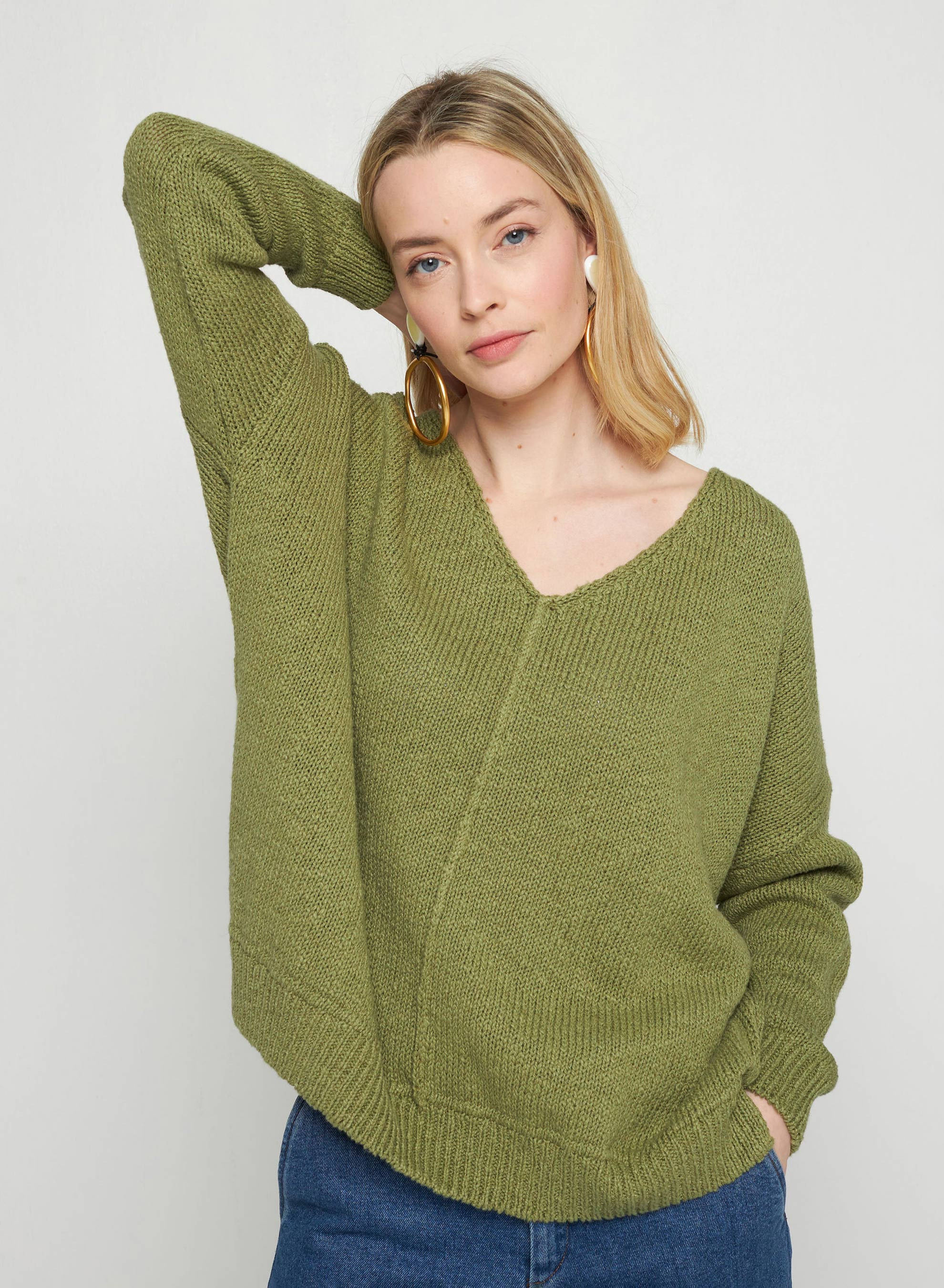 Pull ample coton et lin - Thalie  7652 olive - 22 Vert moyen