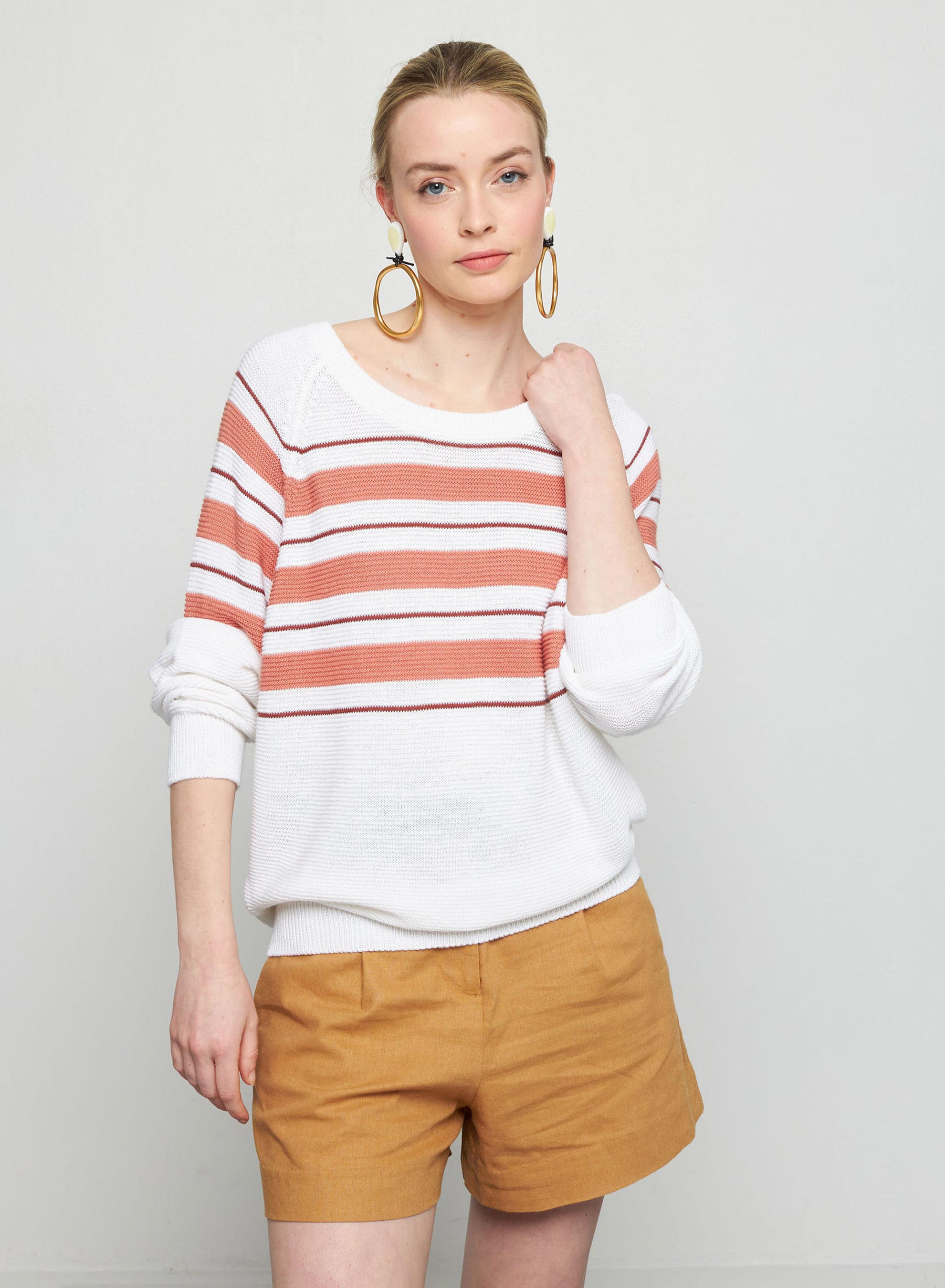 Pull ample rayé en lin flammé - Tael 7709 ecru/argile/blush - 02 Blanc