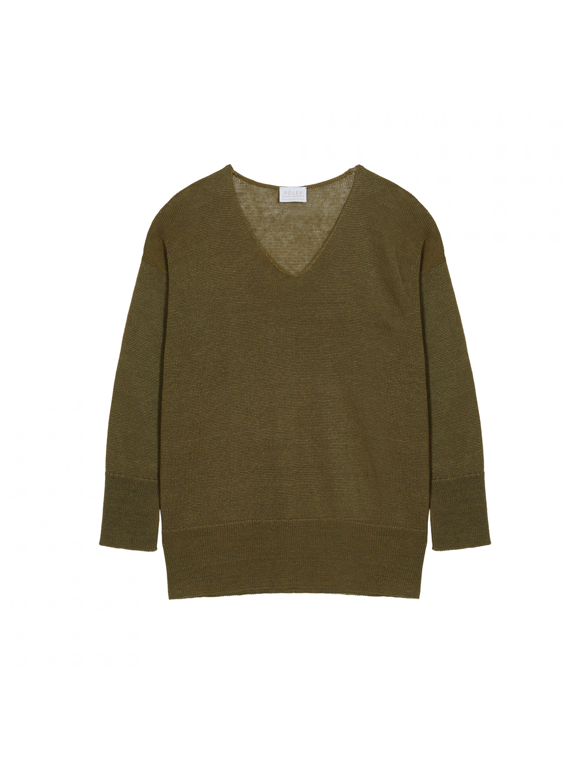 Pull oversize col V en lin - Tiphaine 7650 kaki - 83 Kaki