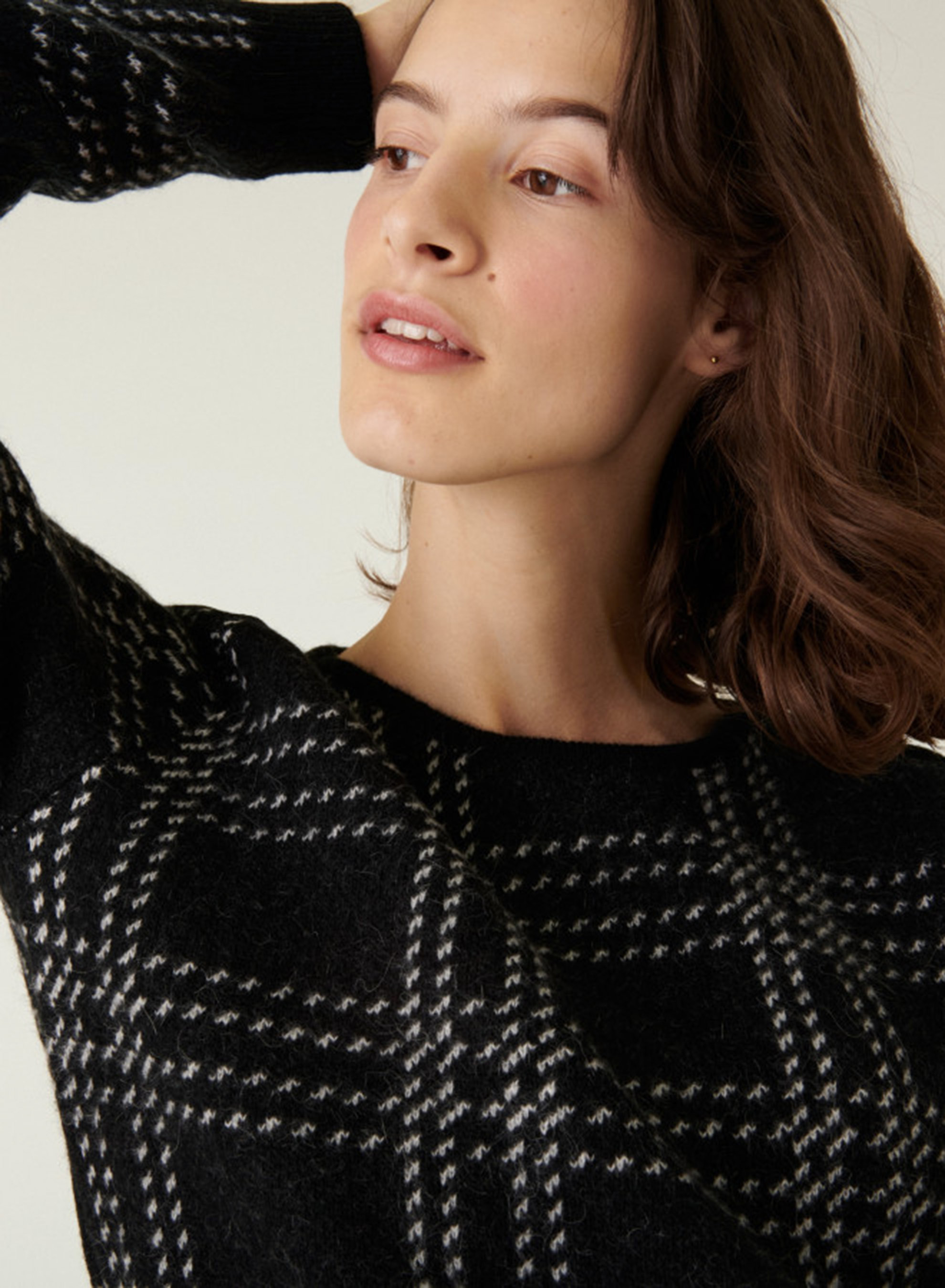 Pull col rond à carreaux en laine alpaga - Carin 7592 noir - 01 Noir
