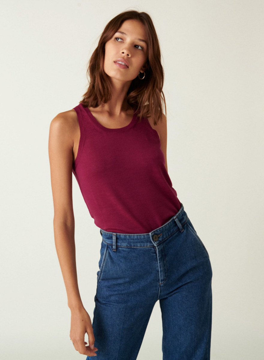 Débardeur col rond à point jersey en laine mérinos - Antenia