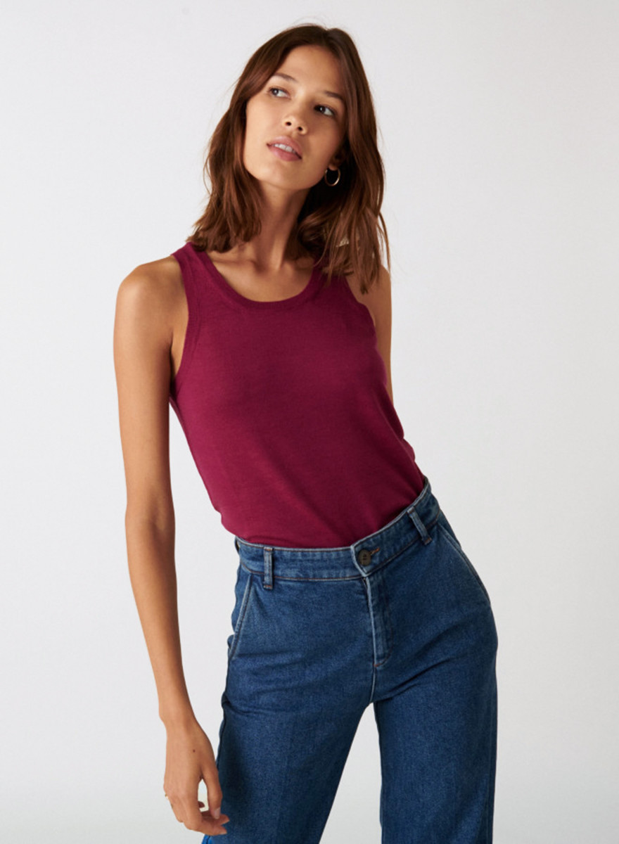 Débardeur col rond à point jersey en laine mérinos - Antenia