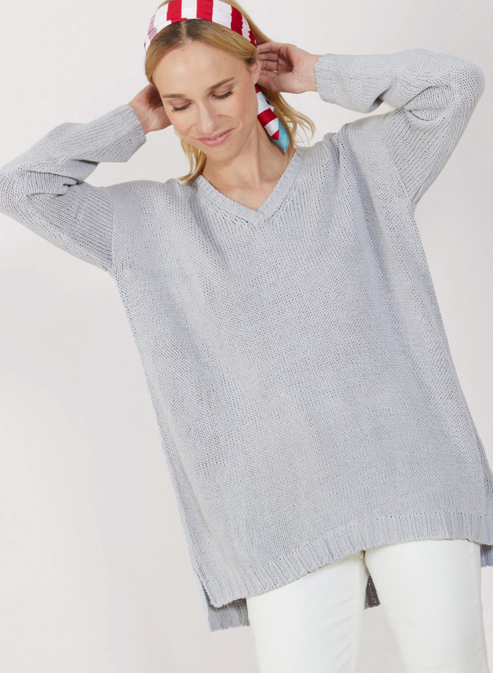 Grand pull col v en grosse maille - Balata 7213 givre - 11 Gris clair