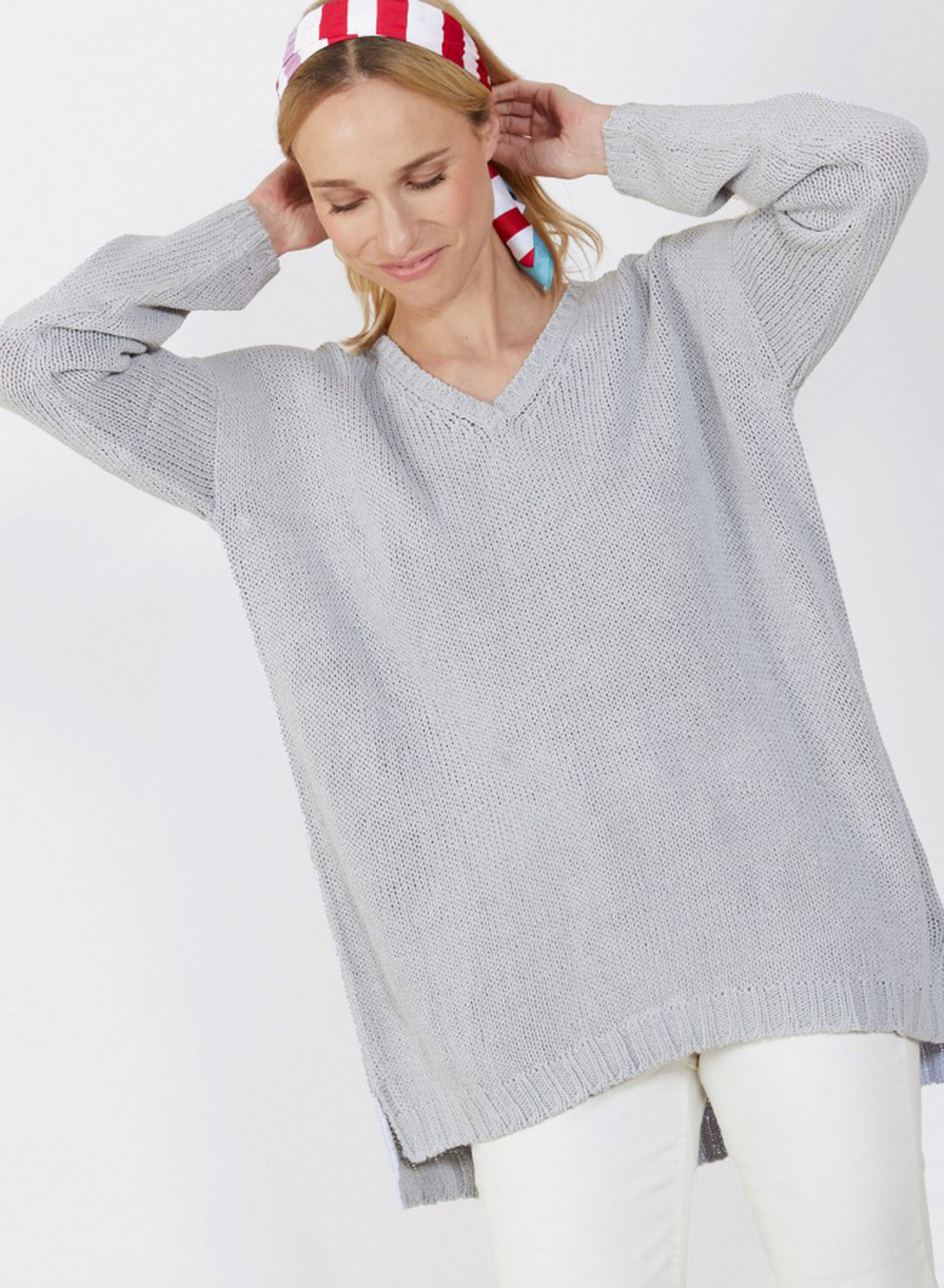Grand pull col v en grosse maille - Balata 7213 givre - 11 Gris clair
