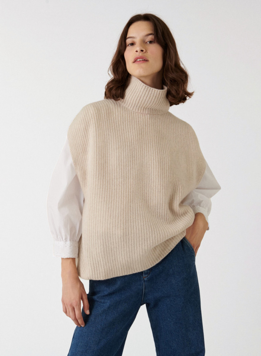  	Pull col roulé sans manches en cachemire recyclé - Dalya 7403 ecru - 82 Ecru