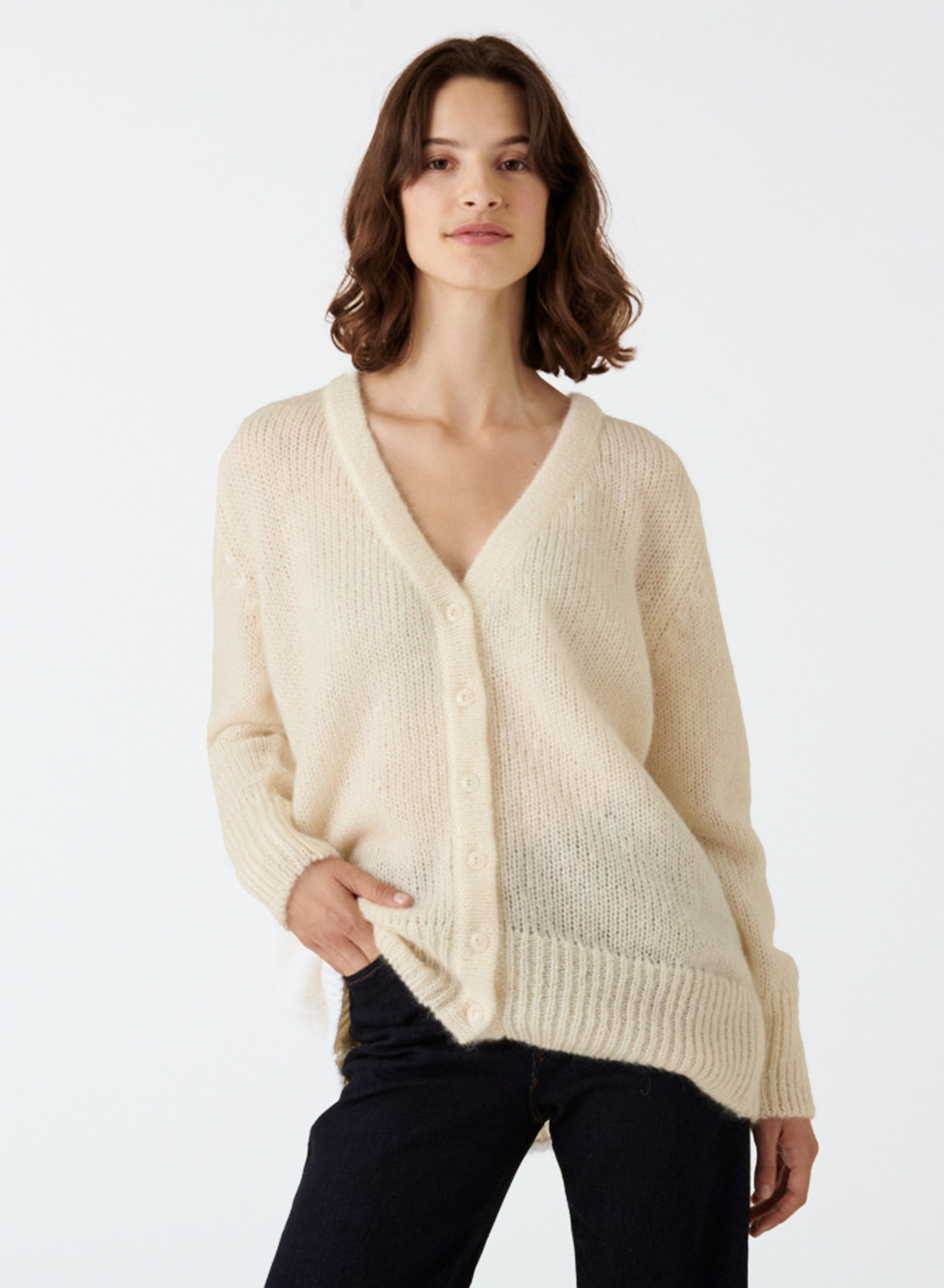 Cardigan boutonné col V en mohair - Anais 7403 ecru - 82 Ecru