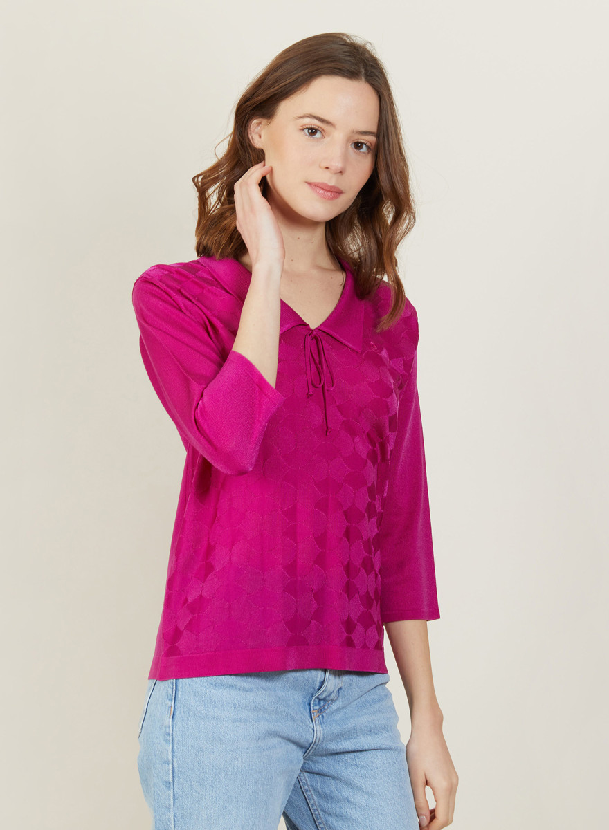 Polo à motif col noué en Fil Lumière - Amara 2713 love - 79 Rose vif
