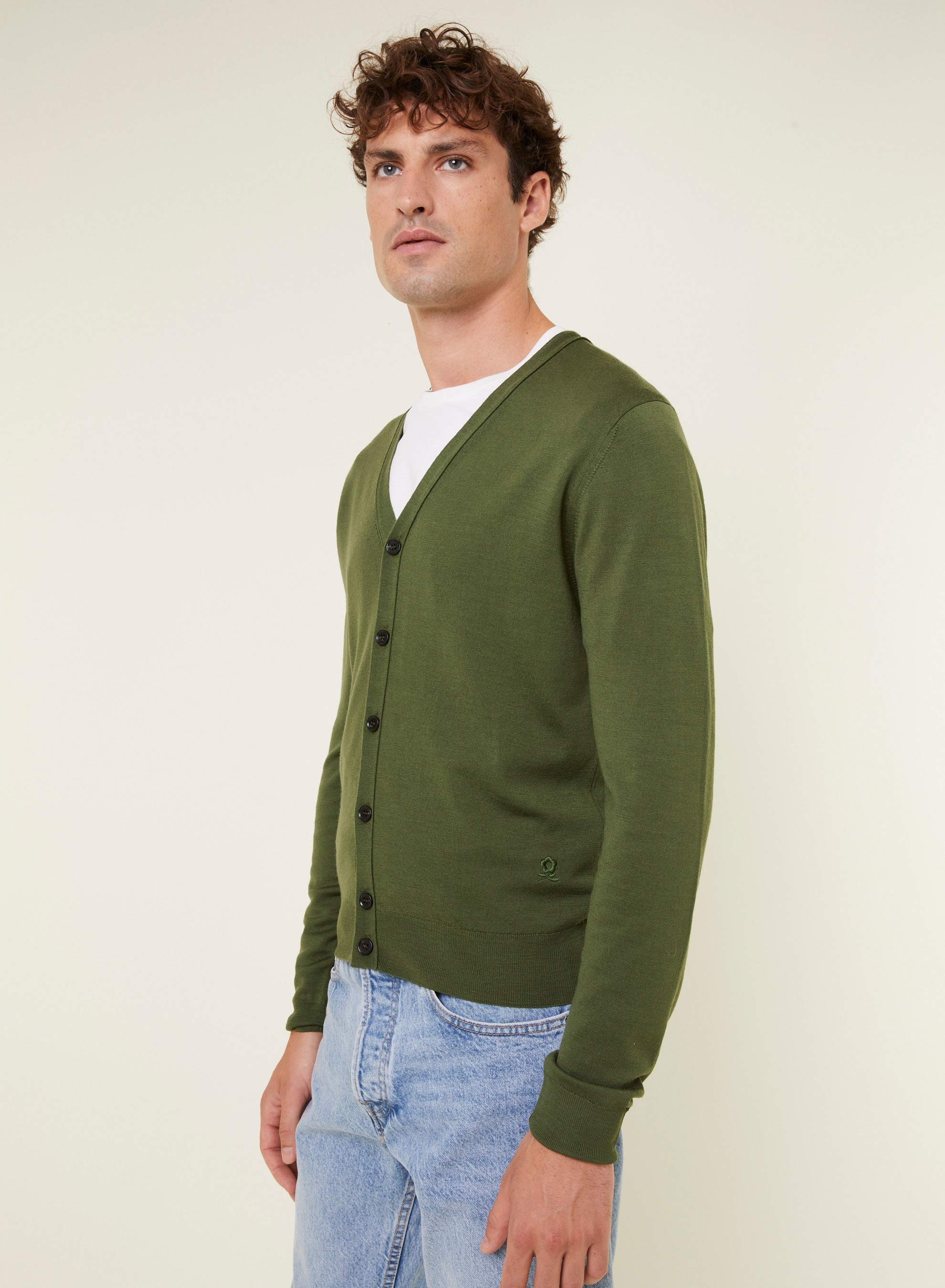 Gilet boutonné avec logo en laine mérinos - Etienne 7850 foret - 83 Kaki