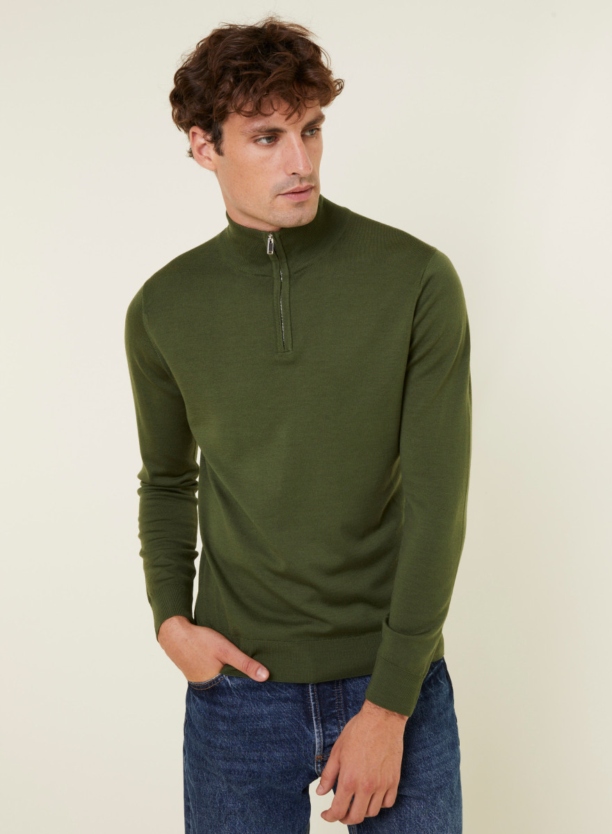 Pull col camionneur avec logo en laine mérinos - Ryan 7850 foret - 83 Kaki
