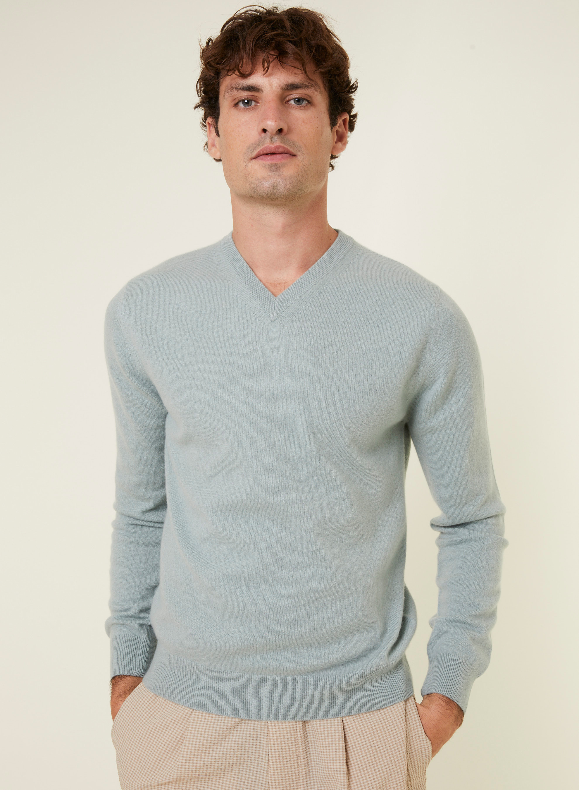 Pull col V en cachemire - Evann 7852 celadon - 94 Vert amande