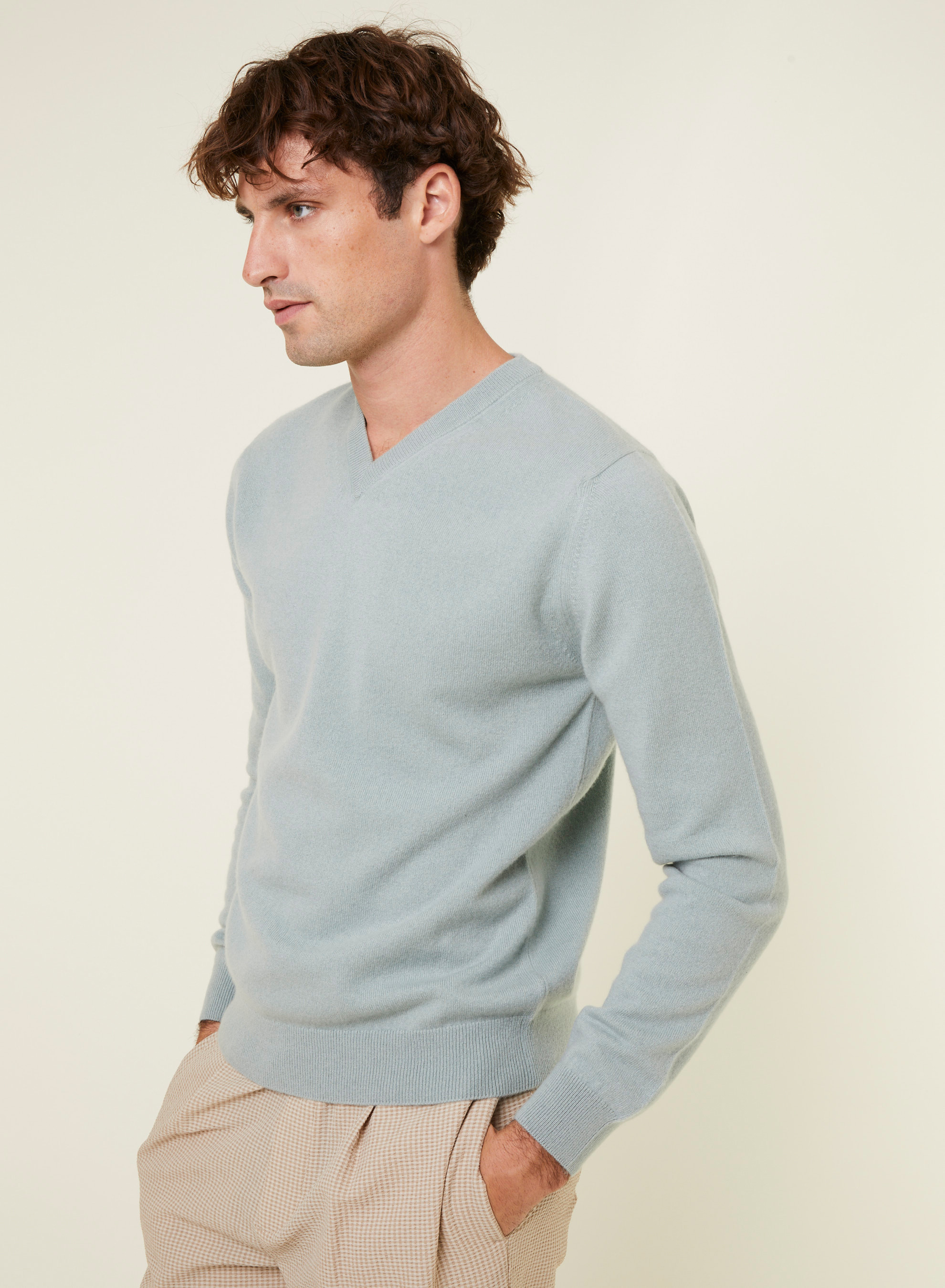 Pull col V en cachemire - Evann 7852 celadon - 94 Vert amande