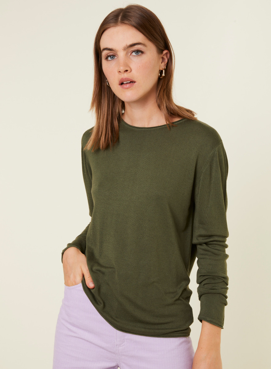 Buttoned t-shirt in cashmere bamboo round neck in fine knit - Aelia