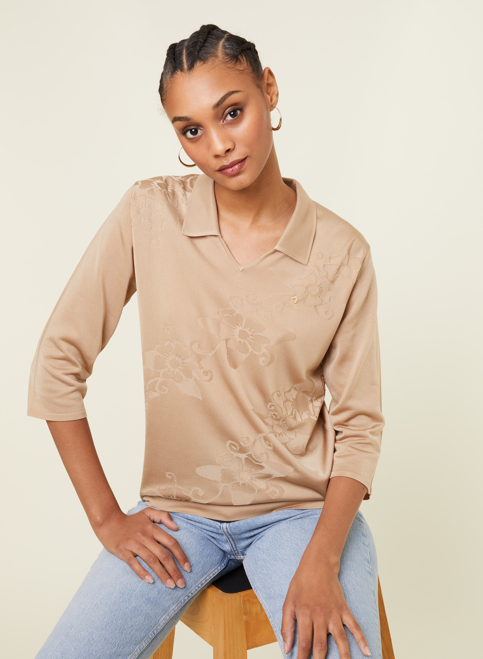 Polo Fil Lumière manches coudes à motifs - Emy 4885 speculos - 13 Beige moyen