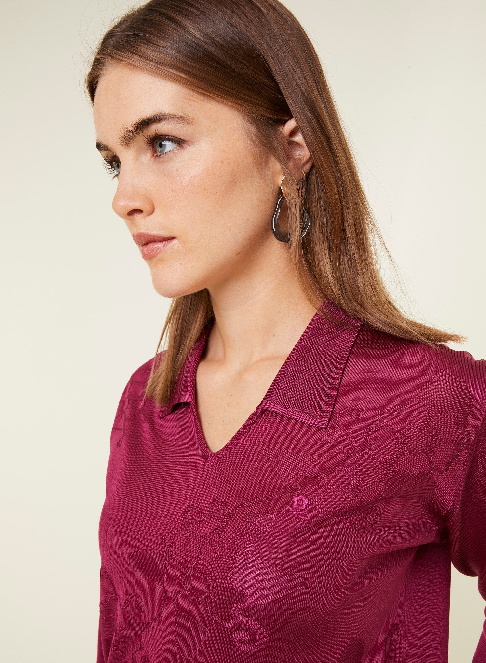 Polo Fil Lumière manches coudes à motifs - Emy 0915 tulipe - 51 Bordeaux