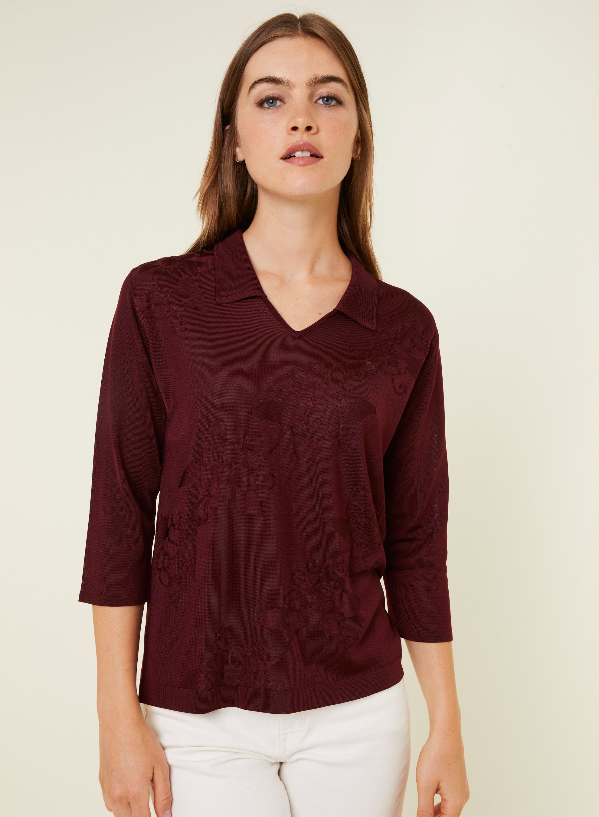 Polo Fil Lumière manches coudes à motifs - Emy 4989 conciergerie - 20 Rouge foncé