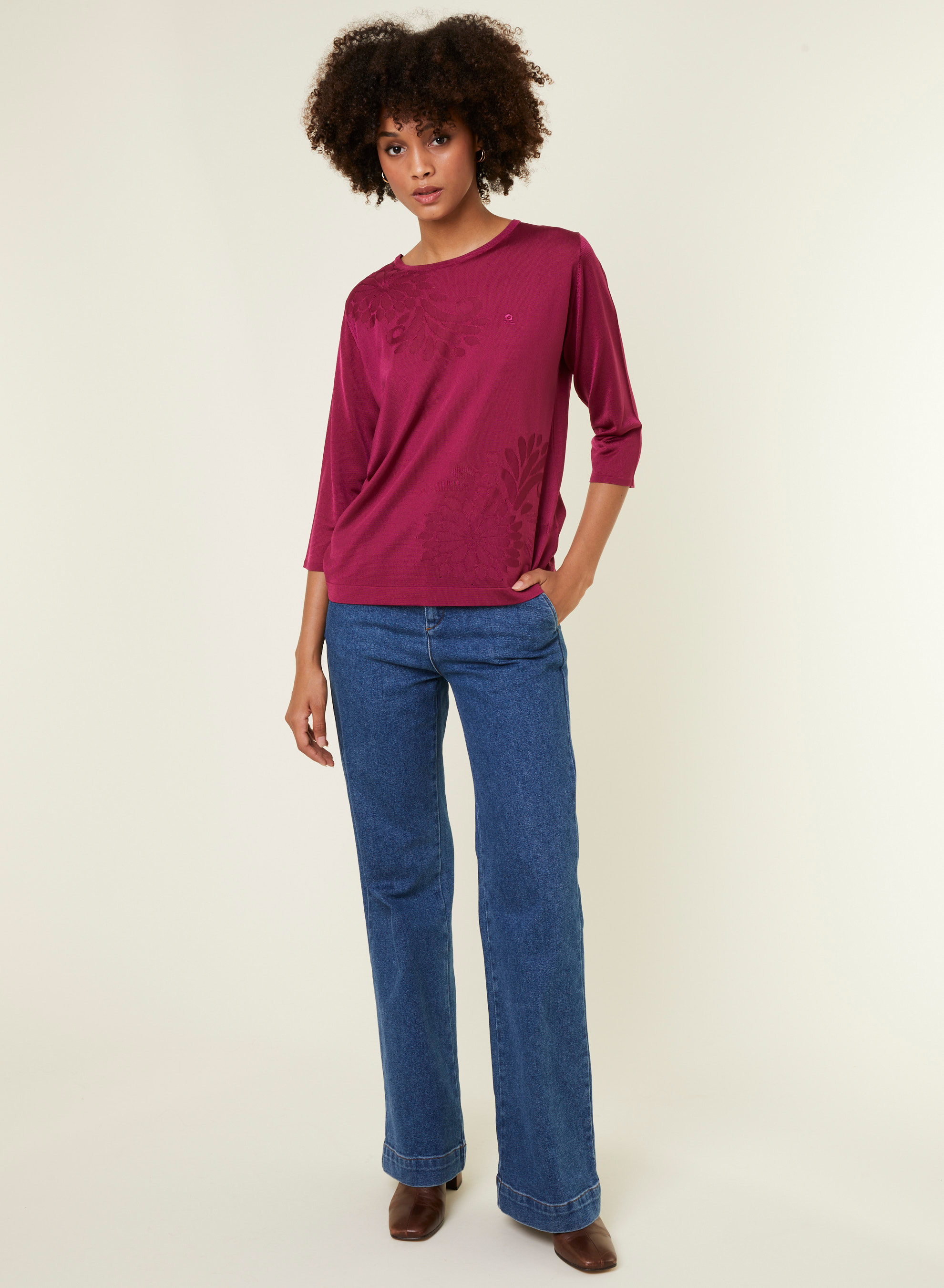 T-shirt manches coudes en Fil Lumière à motifs - Erica 0915 tulipe - 26 Rose foncé