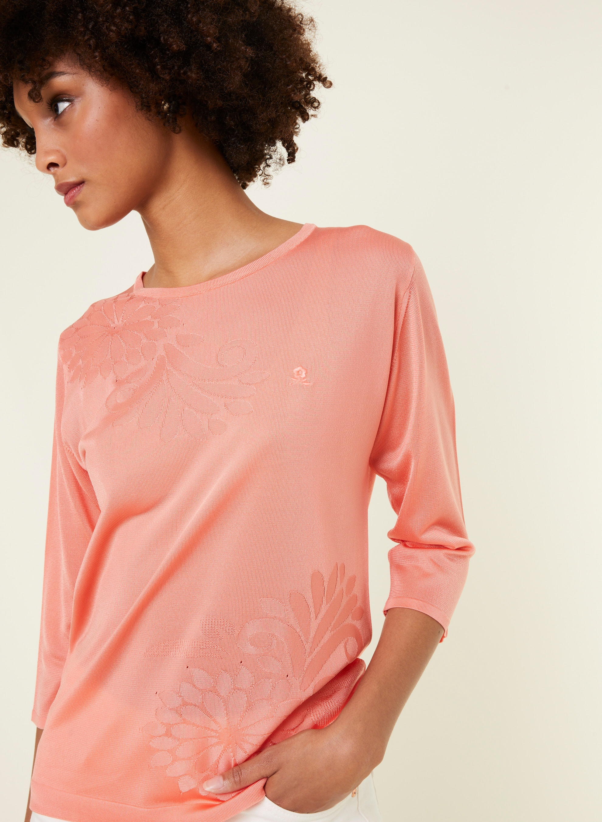Elbow sleeve t-shirt in Lumière yarn with patterns - Erica