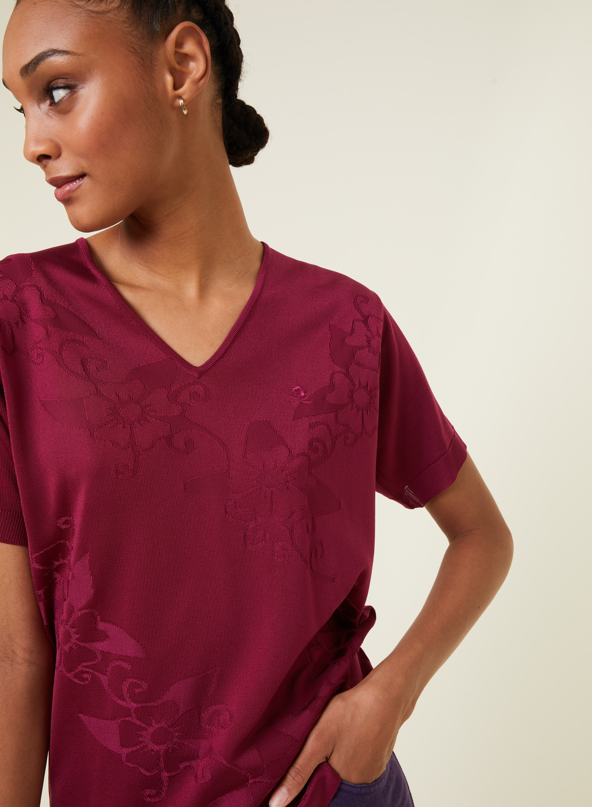 V-neck T-shirt Fil Lumière short sleeves patterned - Elise