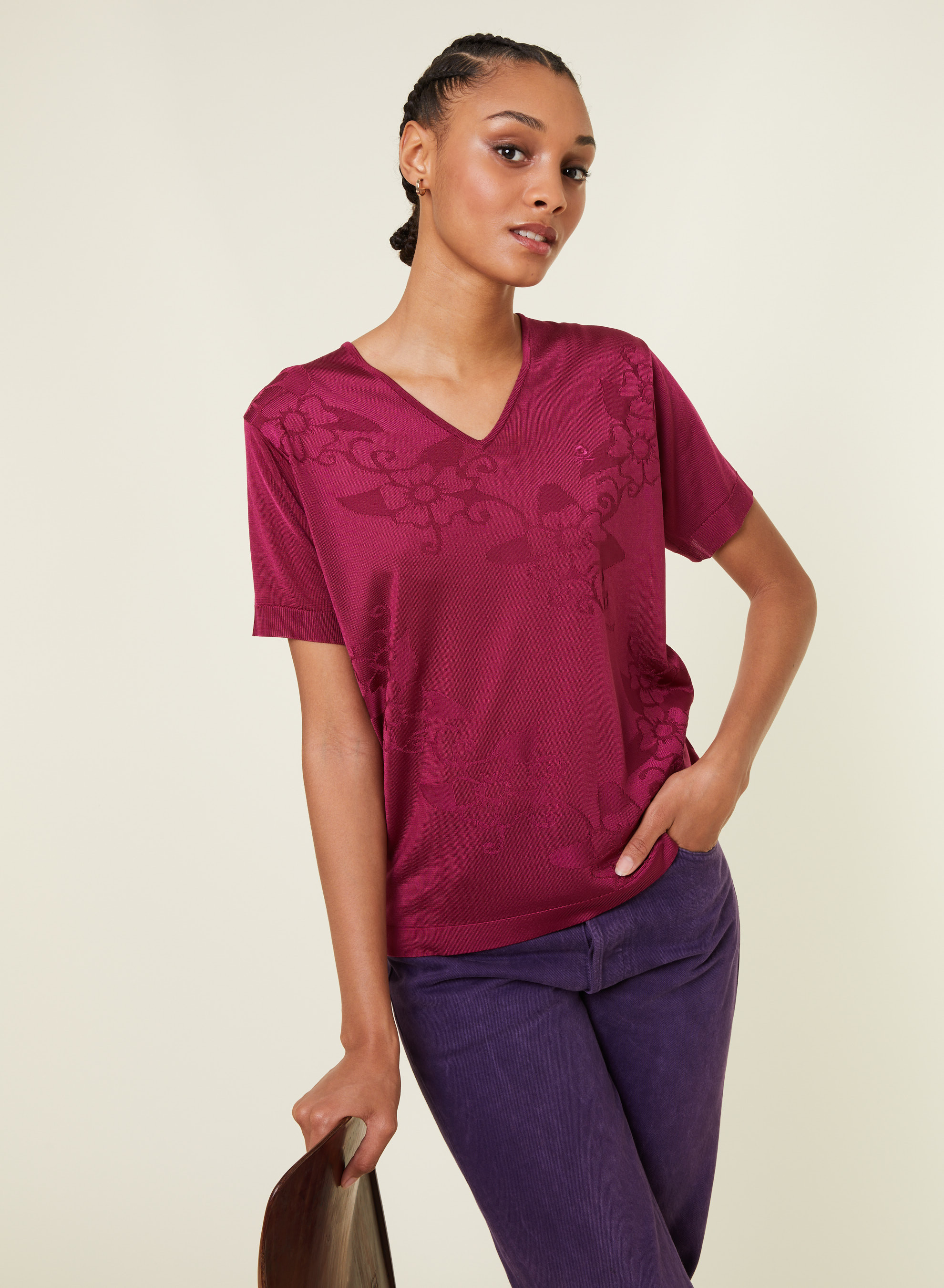 T-shirt col V Fil Lumière manches courtes à motifs - Elise 0915 tulipe - 26 Rose foncé