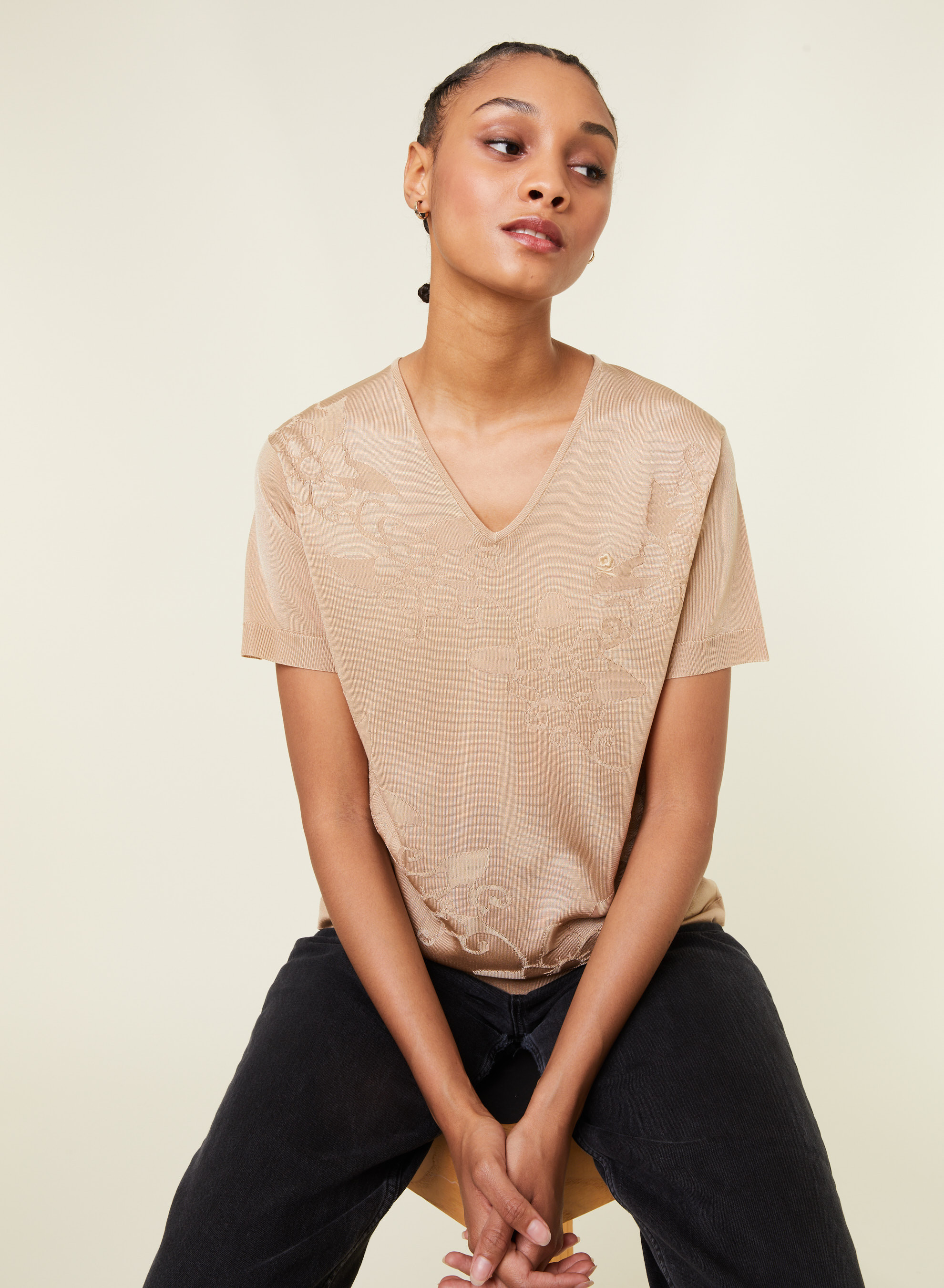 T-shirt col V Fil Lumière manches courtes à motifs - Elise 4885 speculos - 13 Beige moyen
