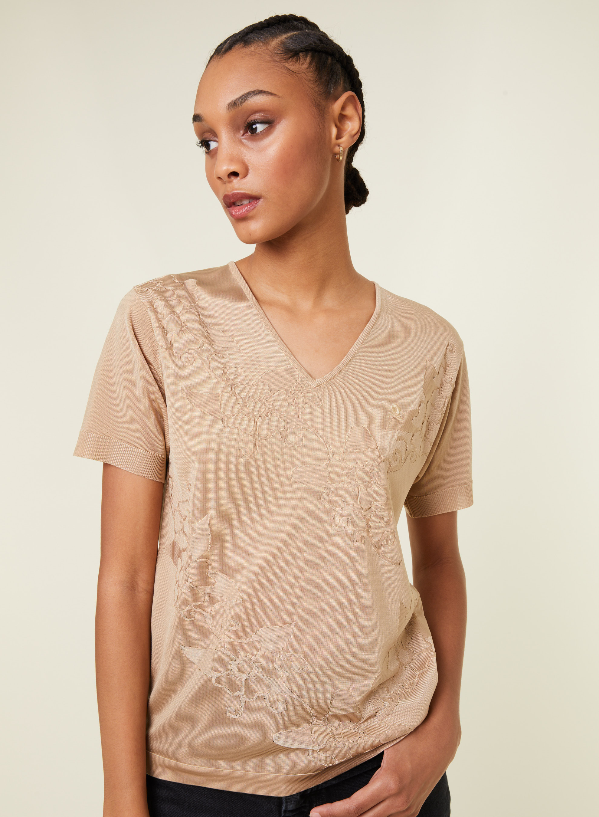 T-shirt col V Fil Lumière manches courtes à motifs - Elise 4885 speculos - 13 Beige moyen