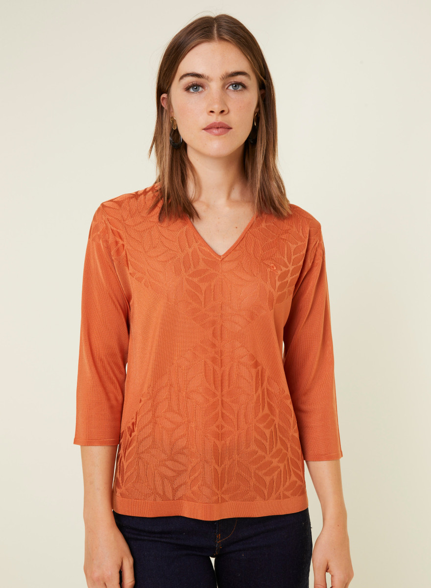 V-neck T-shirt with elbow-length sleeves in Fil Lumière - Elsa