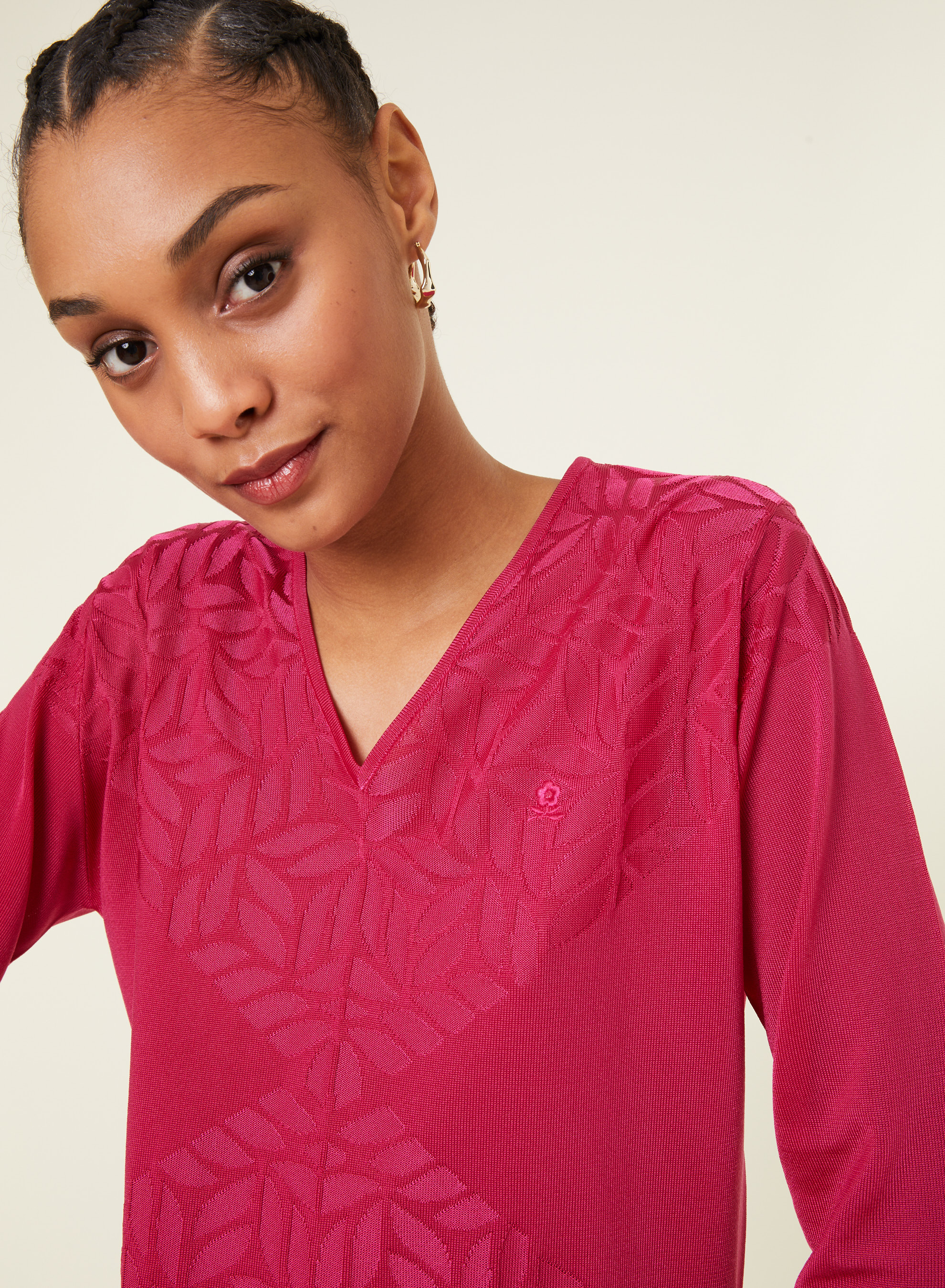 T-shirt col V manches coudes en Fil Lumière - Elsa 0915 tulipe - 25 Rose moyen