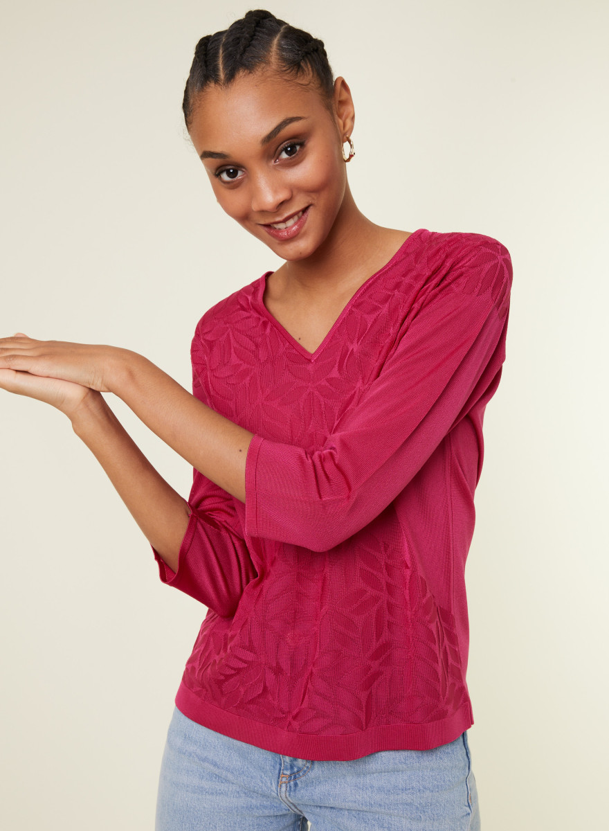 V-neck T-shirt with elbow-length sleeves in Fil Lumière - Elsa