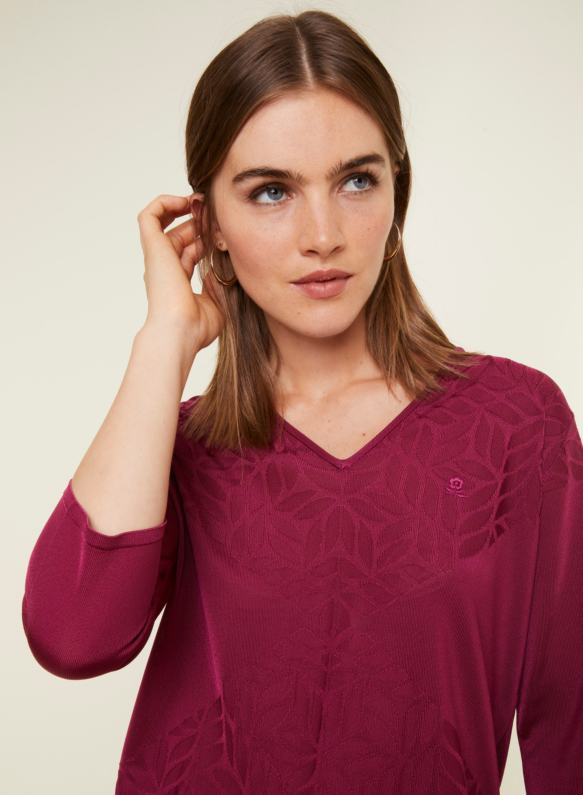 T-shirt col V manches coudes en Fil Lumière - Elsa 0915 tulipe - 26 Rose foncé