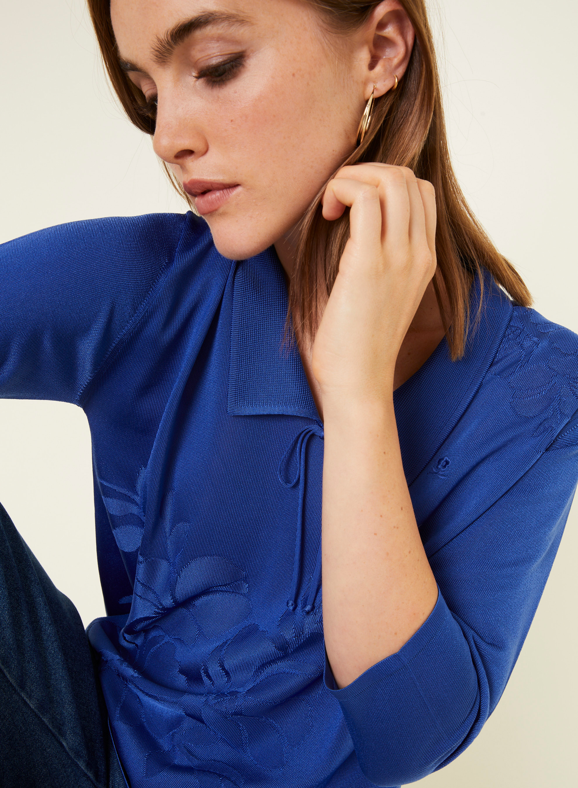 Polo col noué manches coudes en Fil Lumière - Enora 4847 beignet - 03 Bleu foncé